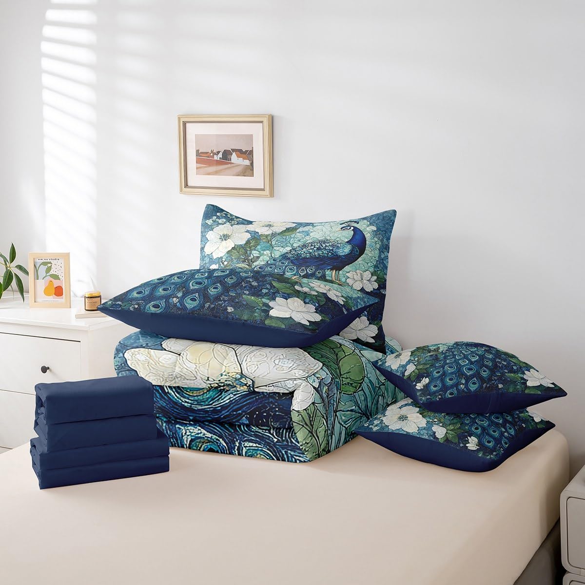 Erosebridal Teal Peacock Bedding Set for Kids Teens,Elegant Bird Comforter Set King Size,Oil Painting Floral (Comforter+Fitted+Flat Sheet+2 Pillowcases+2 Throw Pillow Covers) 7 Pieces Bed Set