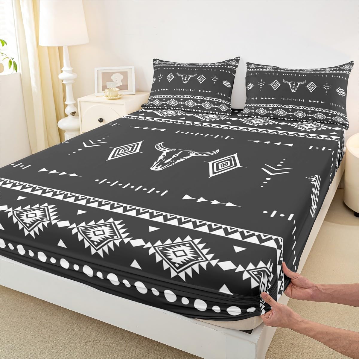 Erosebridal Western Cowboy Bed Sheets Set Full Size, Bull Skull Flat Fitted Sheet for Boys Girls Women Men Room, Boho Aztec Ethnic Horns Bedding Set, Southwestern Native Bed Sets