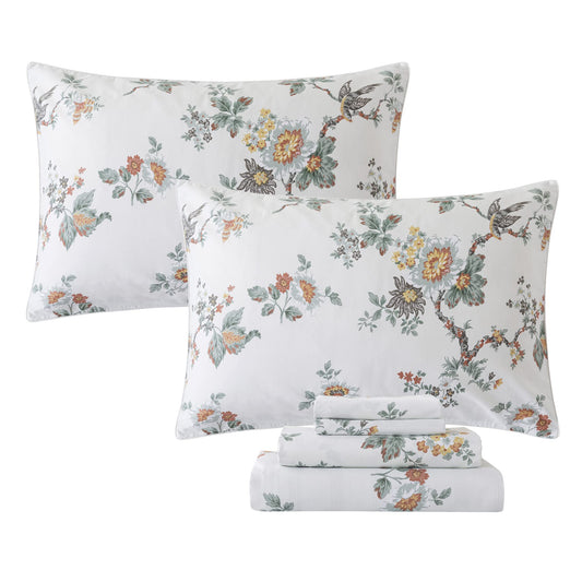 FADFAY Sheets Set King Elegant Floral Bedding Shabby Beige Bird Print Flower Bed Sheet Set Vintage Farmhouse Bedding 100% Cotton Ultra Soft Bedding with Deep Pocket Fitted Sheet 4Pcs, King Size