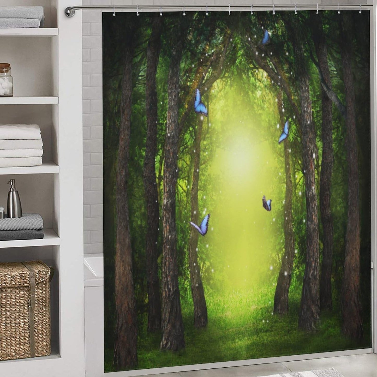 TYVGICZ Fantasy Forest Shower Curtain Fairy Tale Enchanted Woods Mystical Landscape Nature Butterfly Bath Curtains for Bathroom Decor Polyester Fabric，66x72 Inch