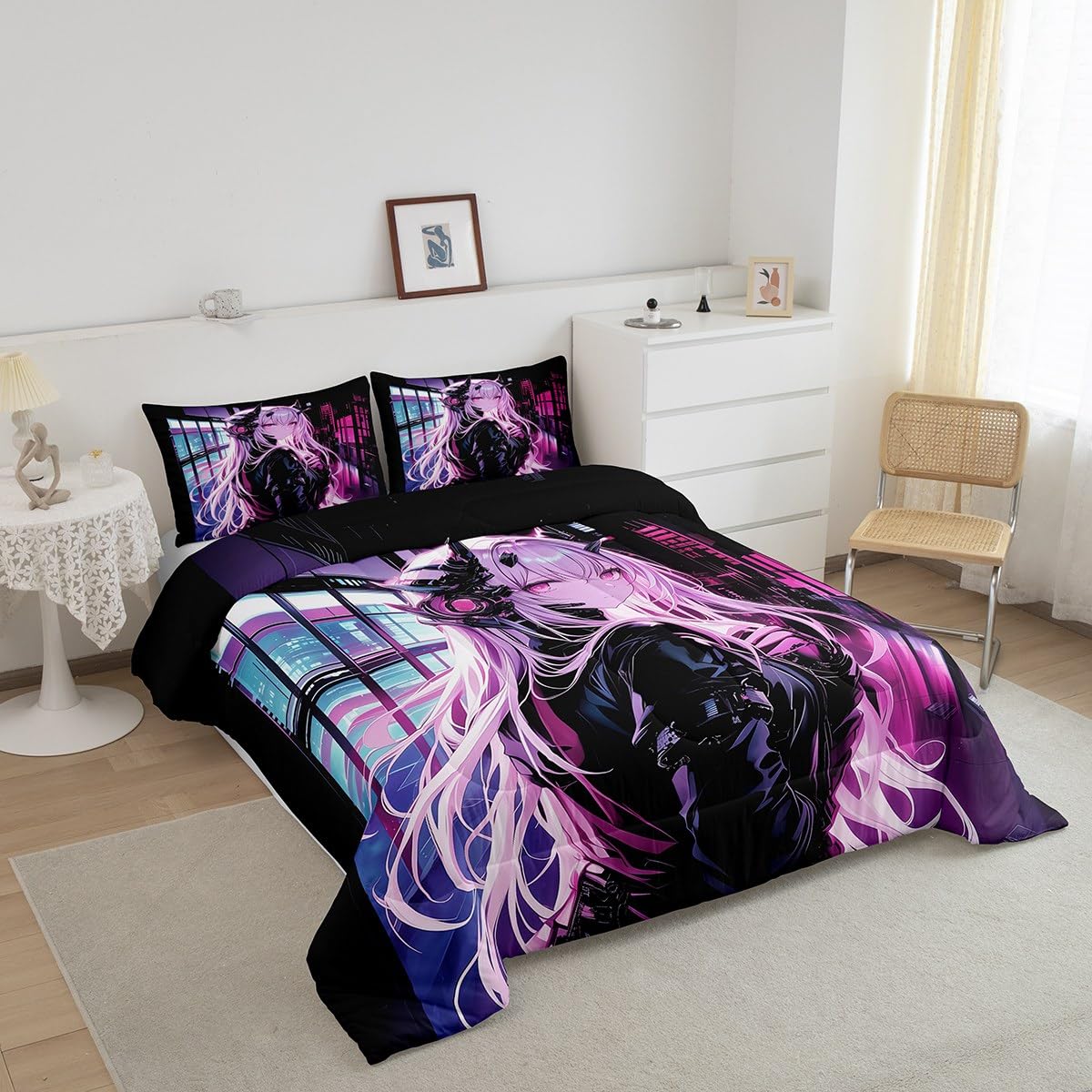 Erosebridal Japanese Anime Bedding Set Full Size, Anime Girl Comforter Set Kawaii Japanese Style Duvet Insert Cartoon Japan Animation Quilt for Boys Teens Adult Women Bedroom Decor
