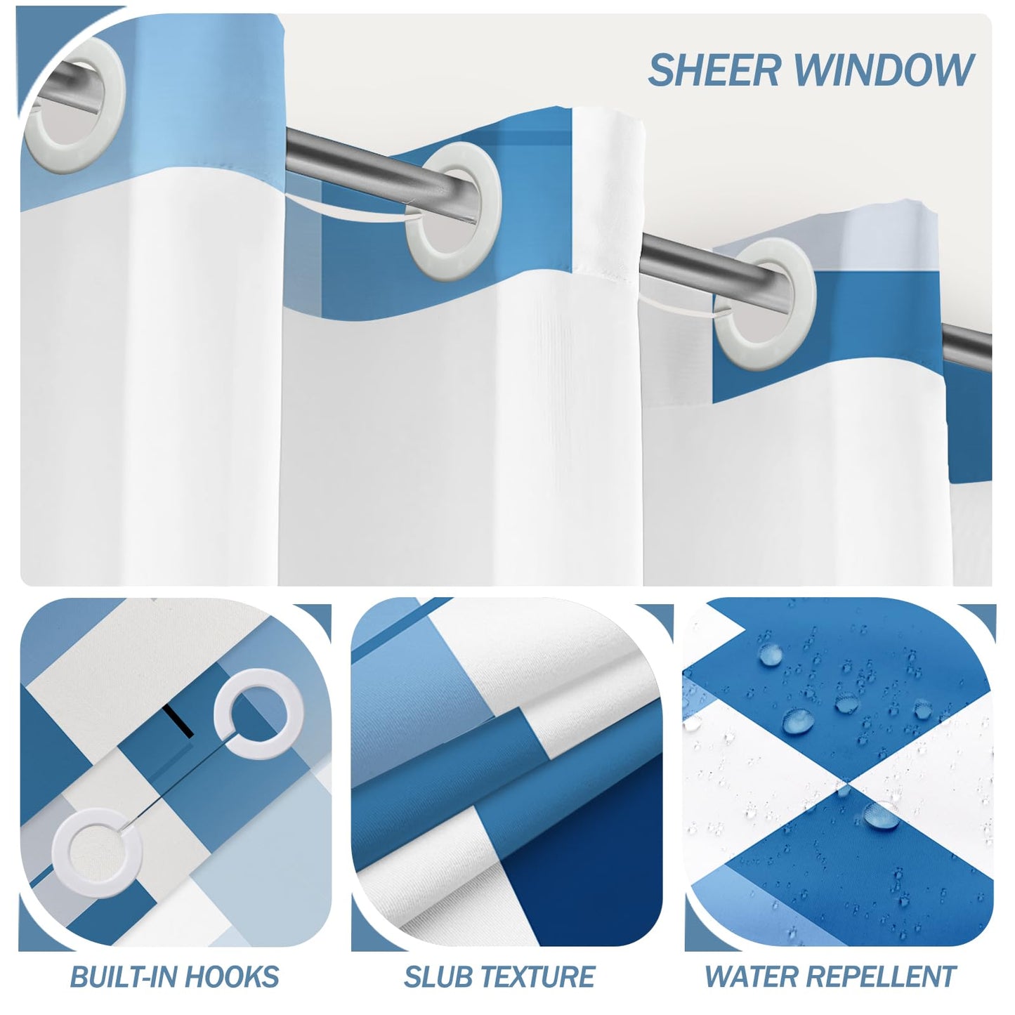 Blue Hookless Shower Curtain Set with Snap in Liner, Blue White Bathroom Decor, 71x74 Inches, Geometric Bathroom Curtain with Liner and See Through Top Window