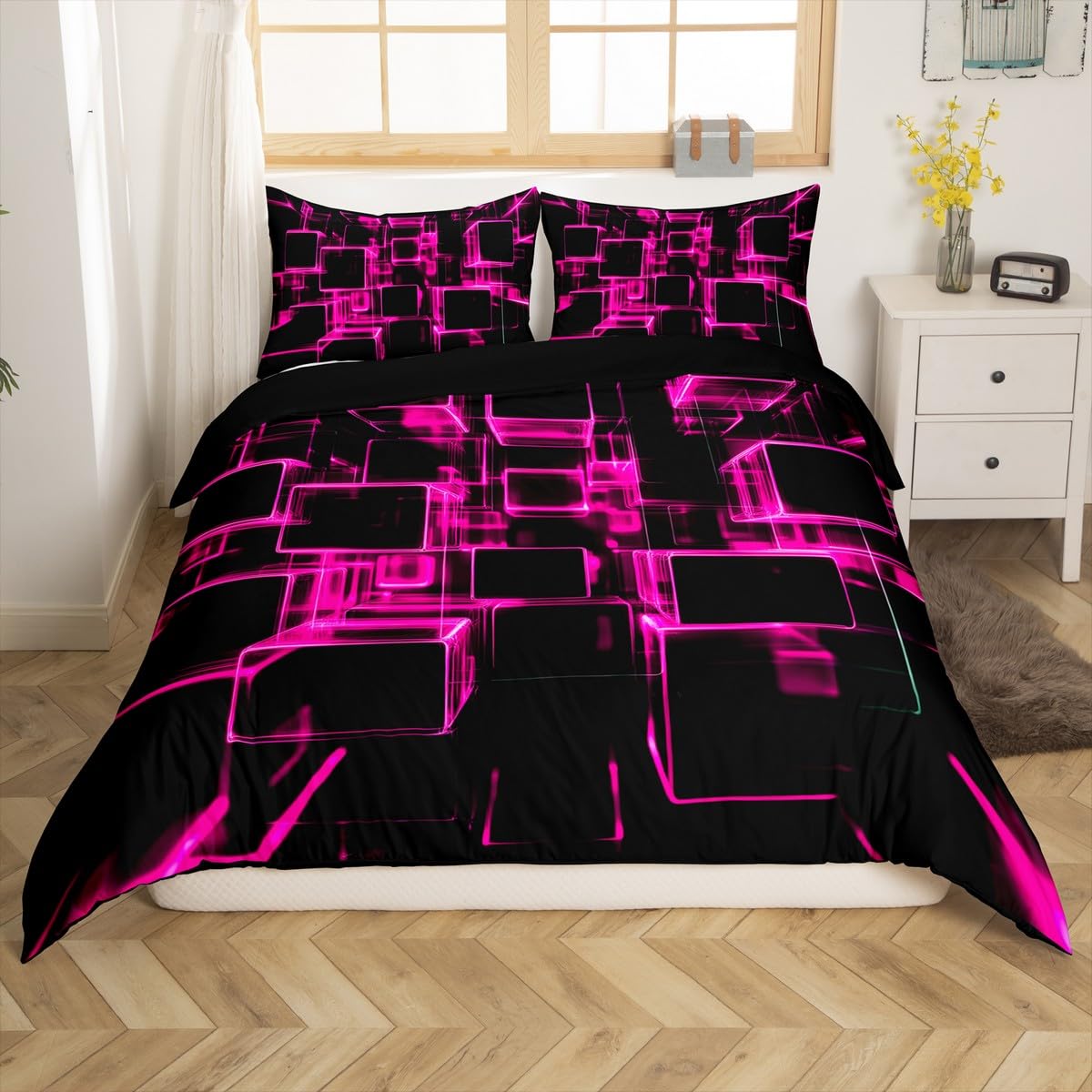 Erosebridal Girly Pink and Black Kids Duvet Cover, Modern Abstract Geometric Square Bedding Sets for Boys Girls Gradient Neon Light Honeycomb Bed Cover Queen with 2 Pillowcases