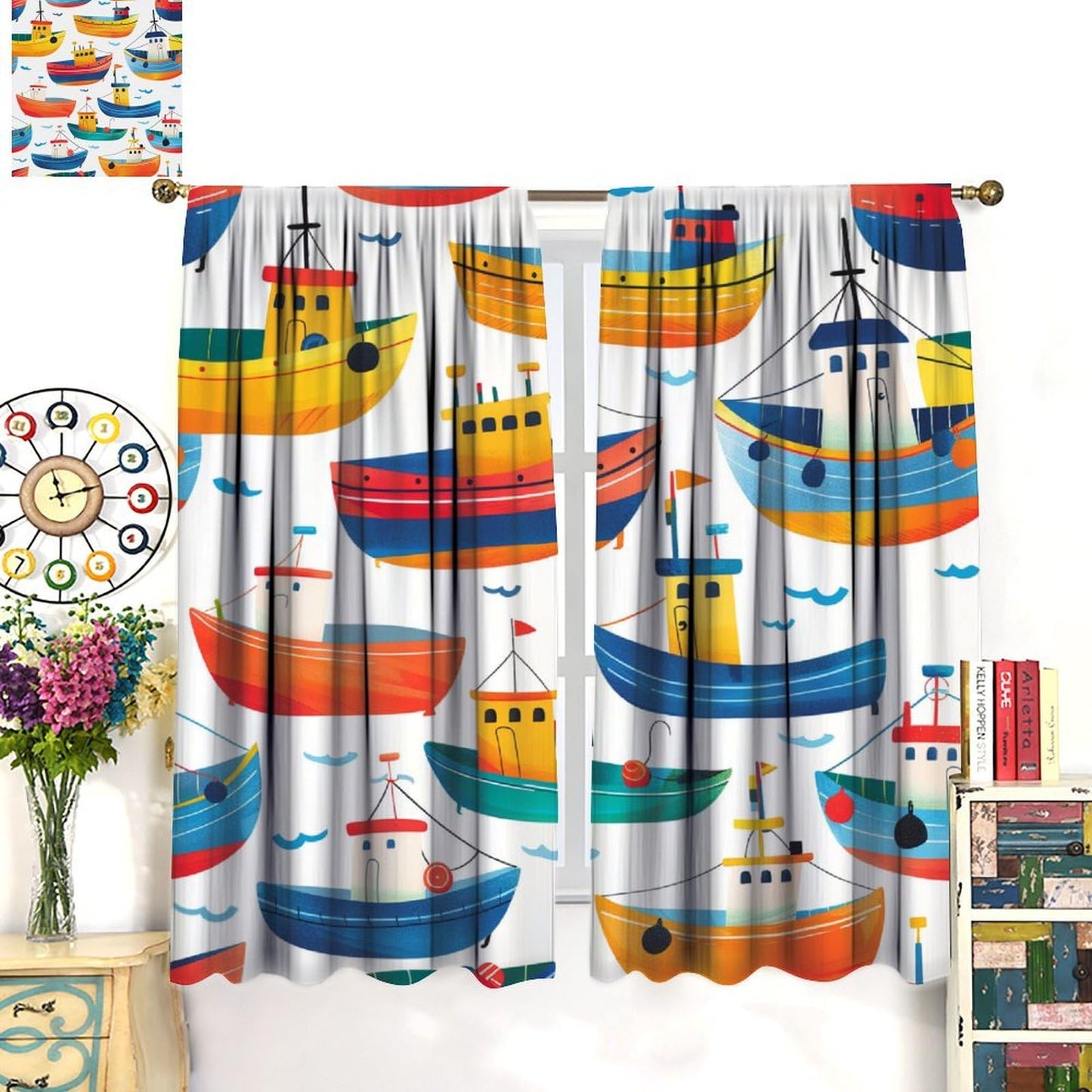 TOWINSFB Cartoon Nautical Boat Blackout Curtains for Living Room Bedroom, Funny Colorful Ocean Ship Window Curtains Rod Pocket Thermal Insulated Window Drapes, 2 Panels, Each 21W x 45L