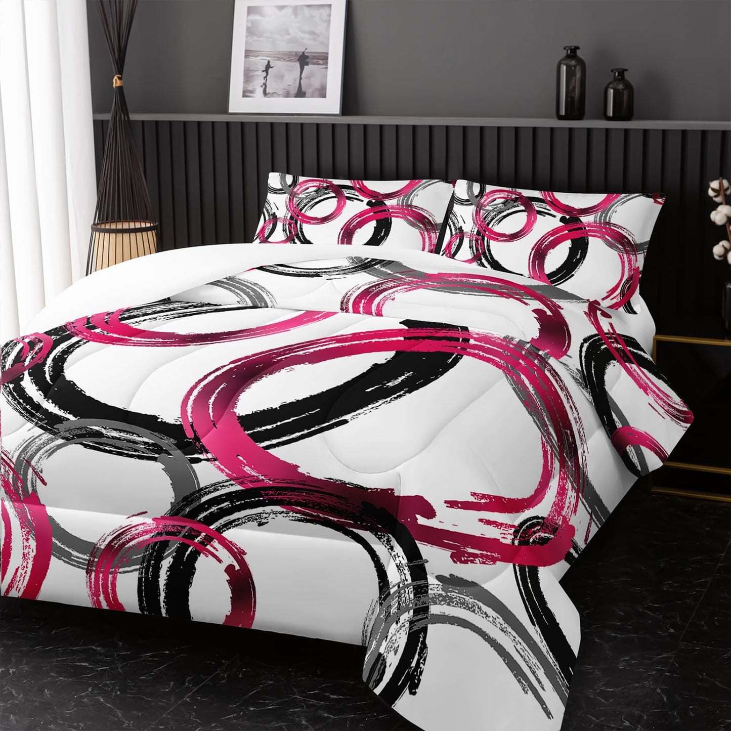 Nttopship Geometric Circle Comforter Set Pink Grey Black Geometric Bedding Set for Boys Girls Teens Retro Circle Swirls Bedding Set Bedroom Decor Modern Abstract Art Duvet Set Room Decor Twin Size