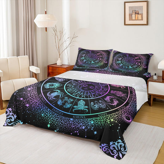 Sun Moon Bed Sheets Zodiac Astrology Bedding Set King Constellations Galaxy Sheet Set Spiritual Gifts for Girls Teens Women,Trippy Leo Aquarius Fitted Sheet Purple Blue Flat Sheet + 2 Pillow Cases