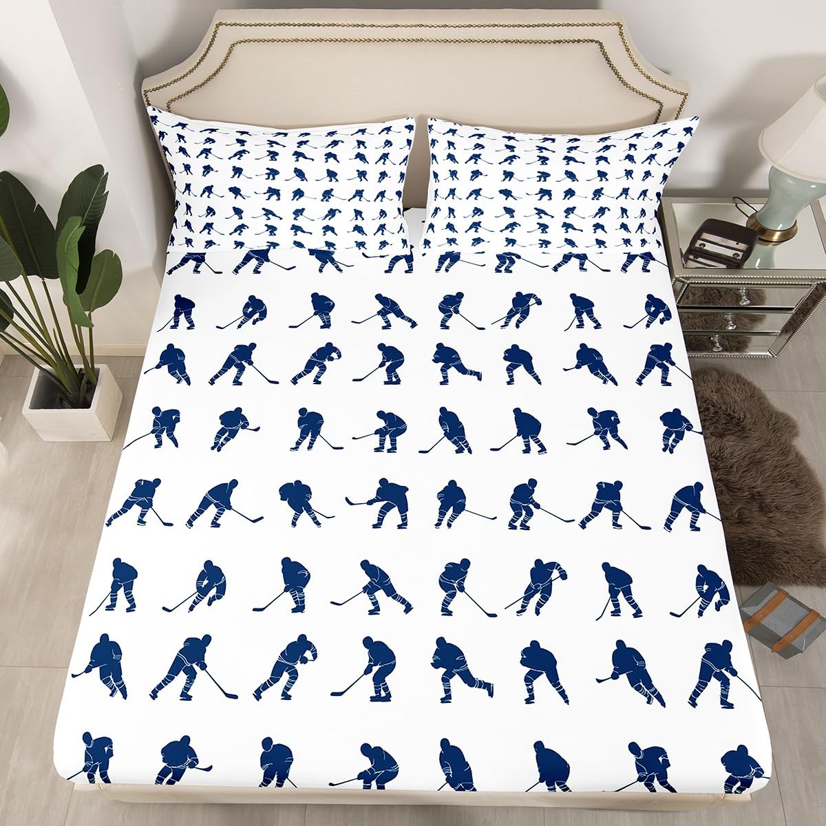 Erosebridal Ice Hockey Sheet Set Full Hockey Player Bed Sheets for Kids Boys Girls Teens Juvenile Sports Game Fitted Sheet Ball Competitive Games Bed Cover Winter Sports Bedroom Decor