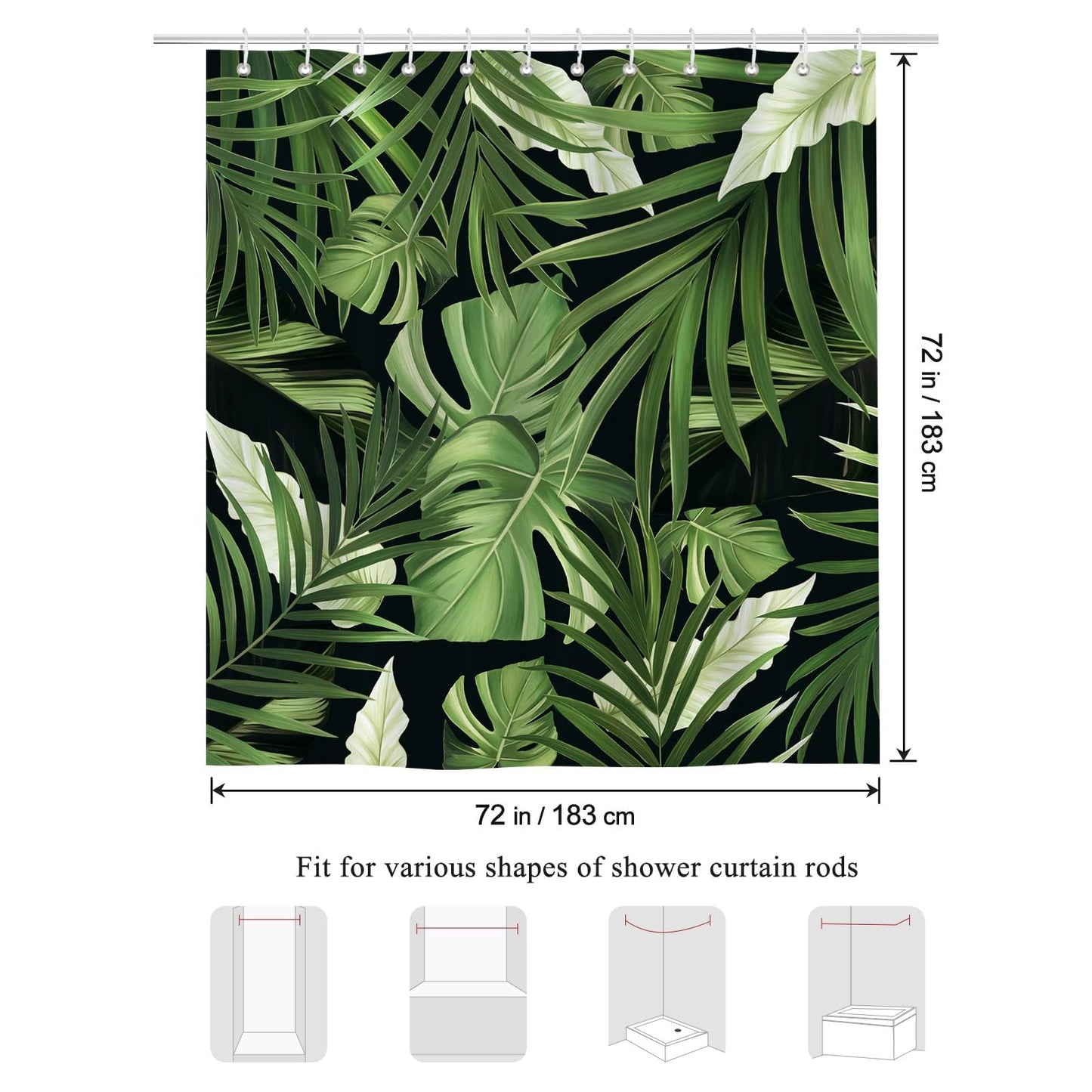 Bonhause Tropical Leaves Shower Curtain, Dark Green Jungle Plant Palm Monstera Leaf Bathroom Decor 72x72 Inch Polyester Fabric Waterproof Bath Curtain with 12 Hooks