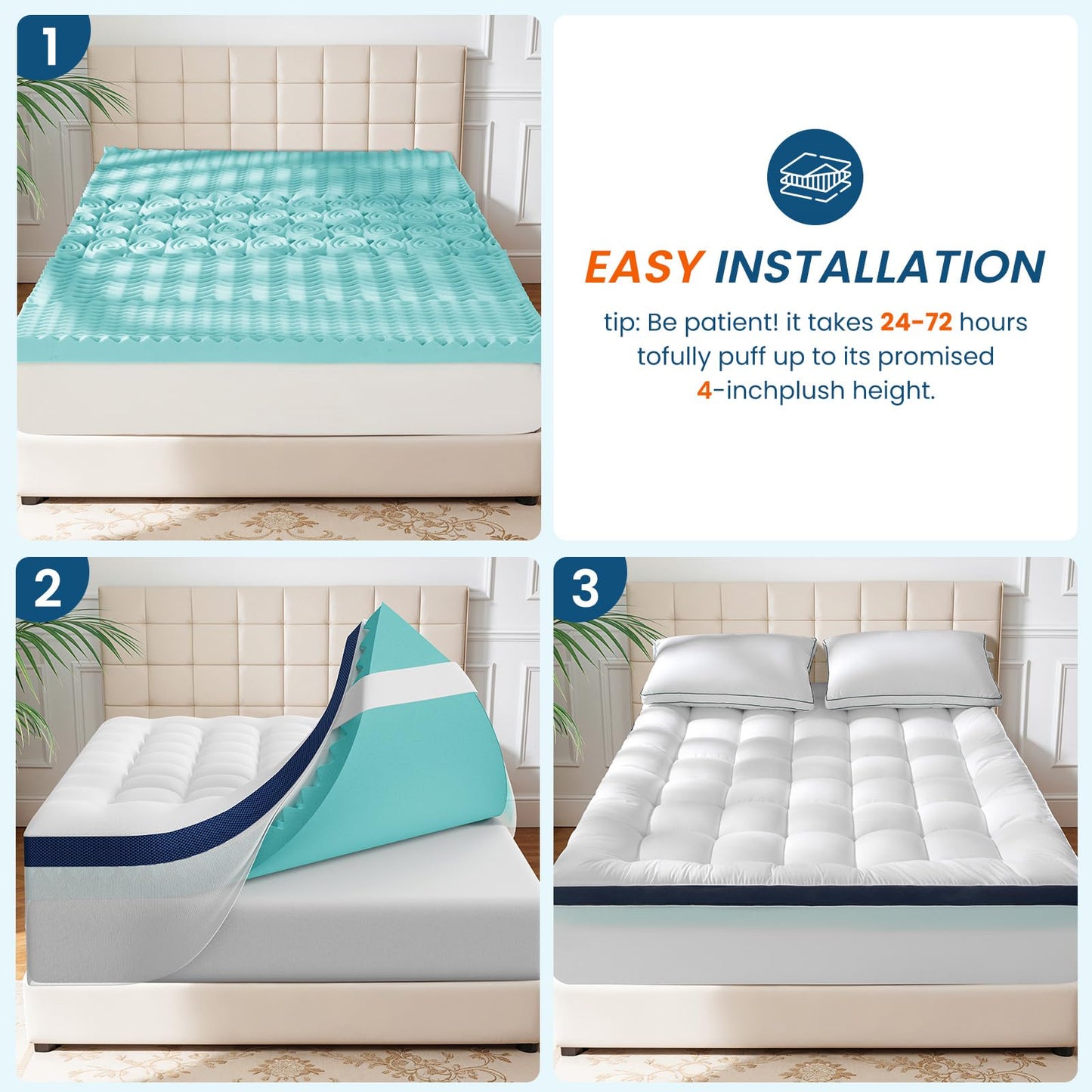 4 Inch Memory Foam Dual-Layer Mattress Topper Queen Size - 2Inch 1000GSM Quilted Pillow Top with Down-Alternative + 2Inch 5-Zone Egg Crate Memory Foam（Queen,60"x80"）