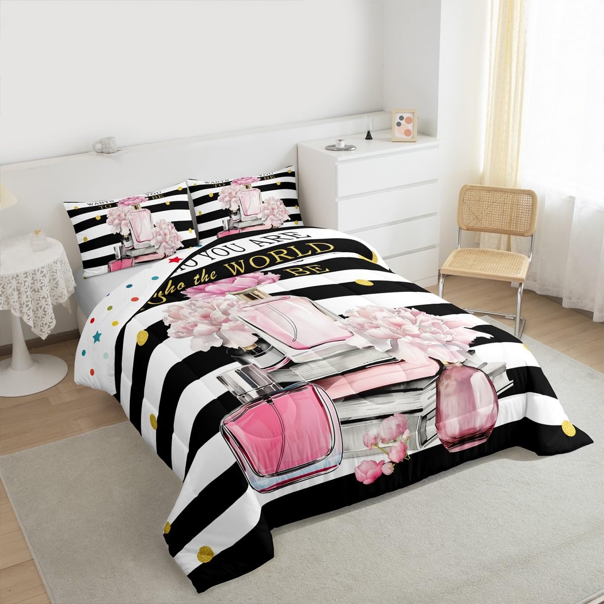 Erosebridal Pink King Bedding Set for Girls Kids Teens Girly Boho Fashion Preppy Cute Comforter Geometric Modern Black and White Stripe Duvet Insert Women Perfume and Book Coquette Bow Quilt