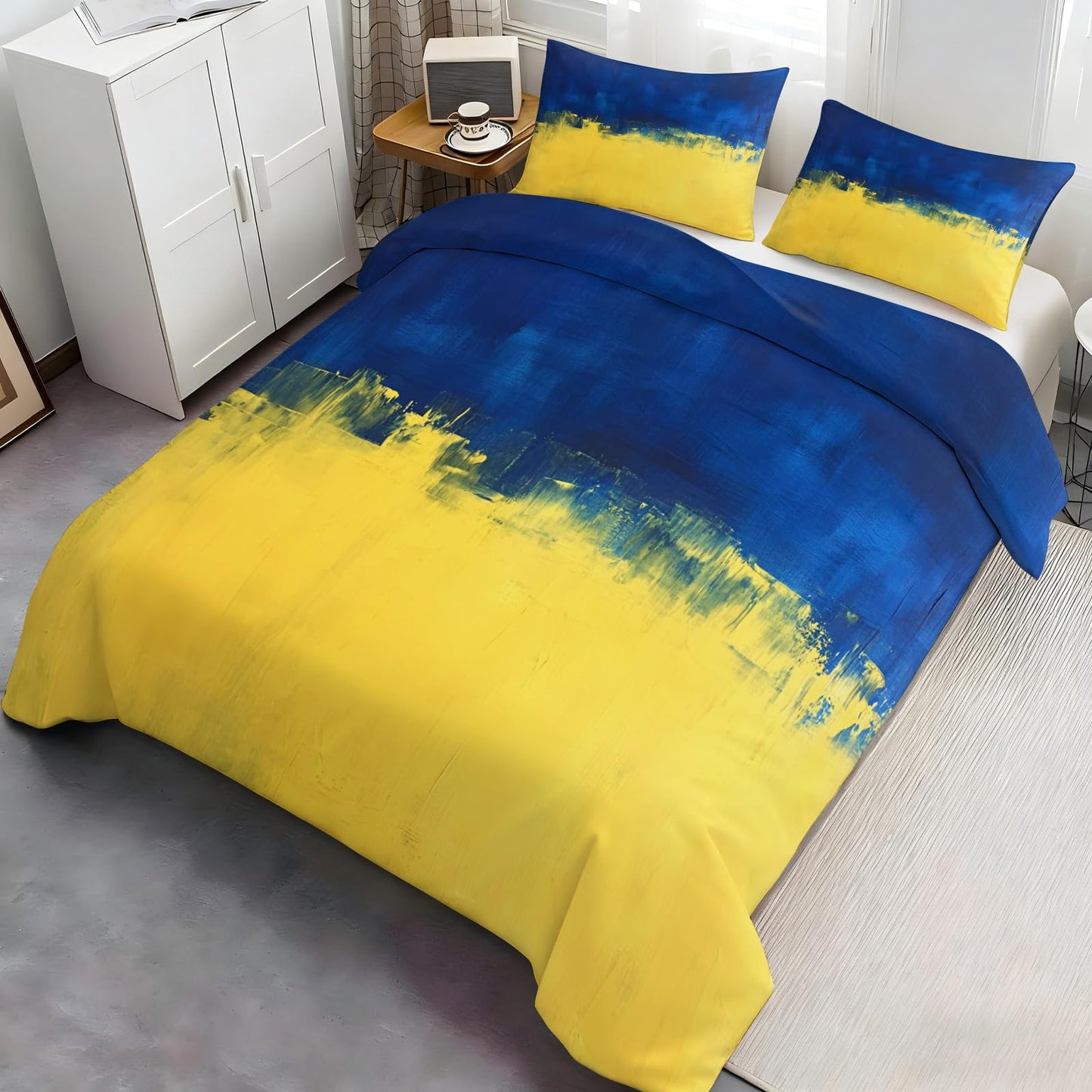 GKPLY Blue and Yellow Bedding Duvet Cover, Abstract Comforter Set with Zipper, Brushes Painting Duvet Cover Twin, 3 Pieces with 2 Pillowcases, Reversible Bedding & Bedroom Decor, Easy Care