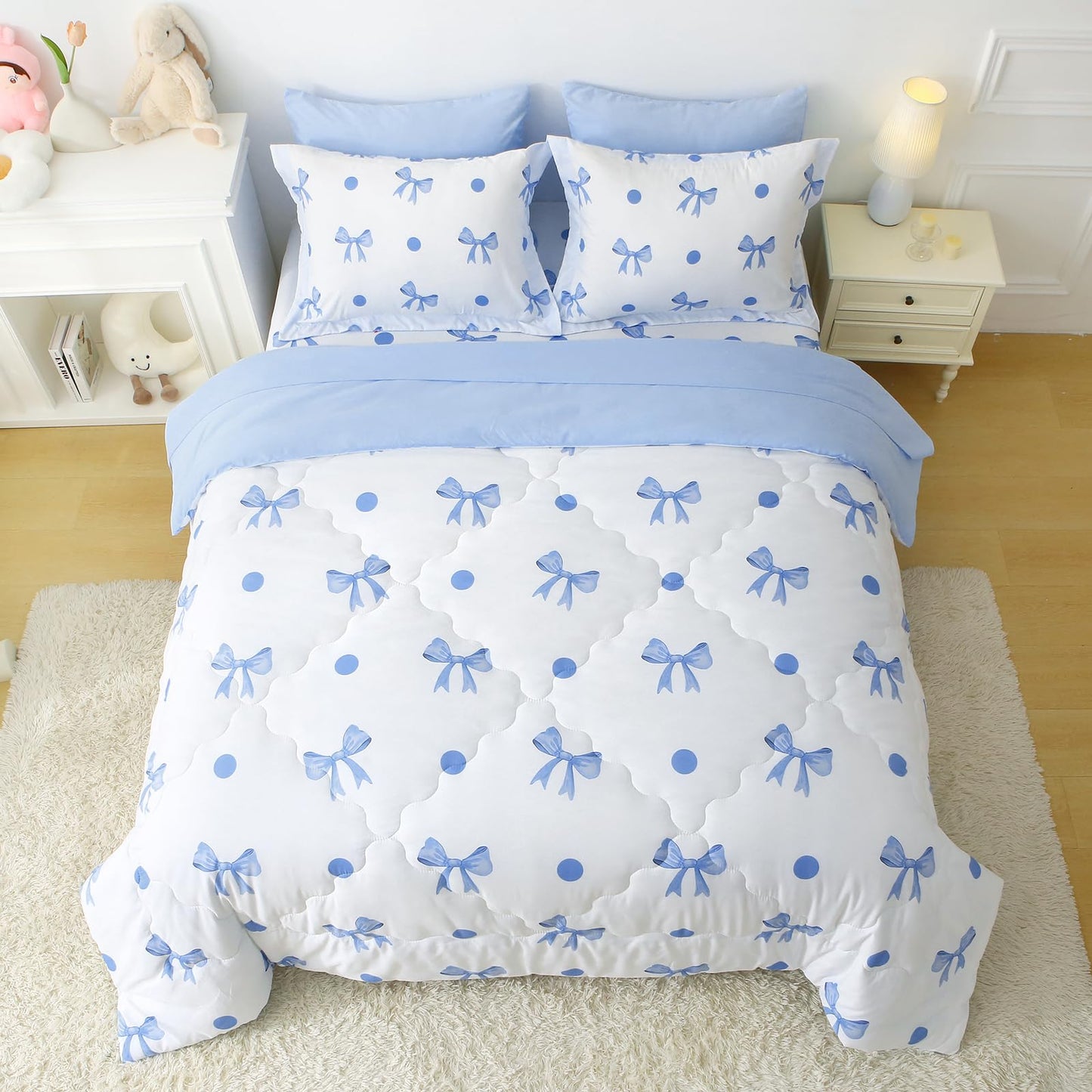 Wajade 7 Piece Blue Bow Comforter Set for Girls Kids Queen Size Bedding Set with Sheet and 2 Pillowcases 2 Pillow Shams Cute Girls Bed in a Bag as Birthday Choice