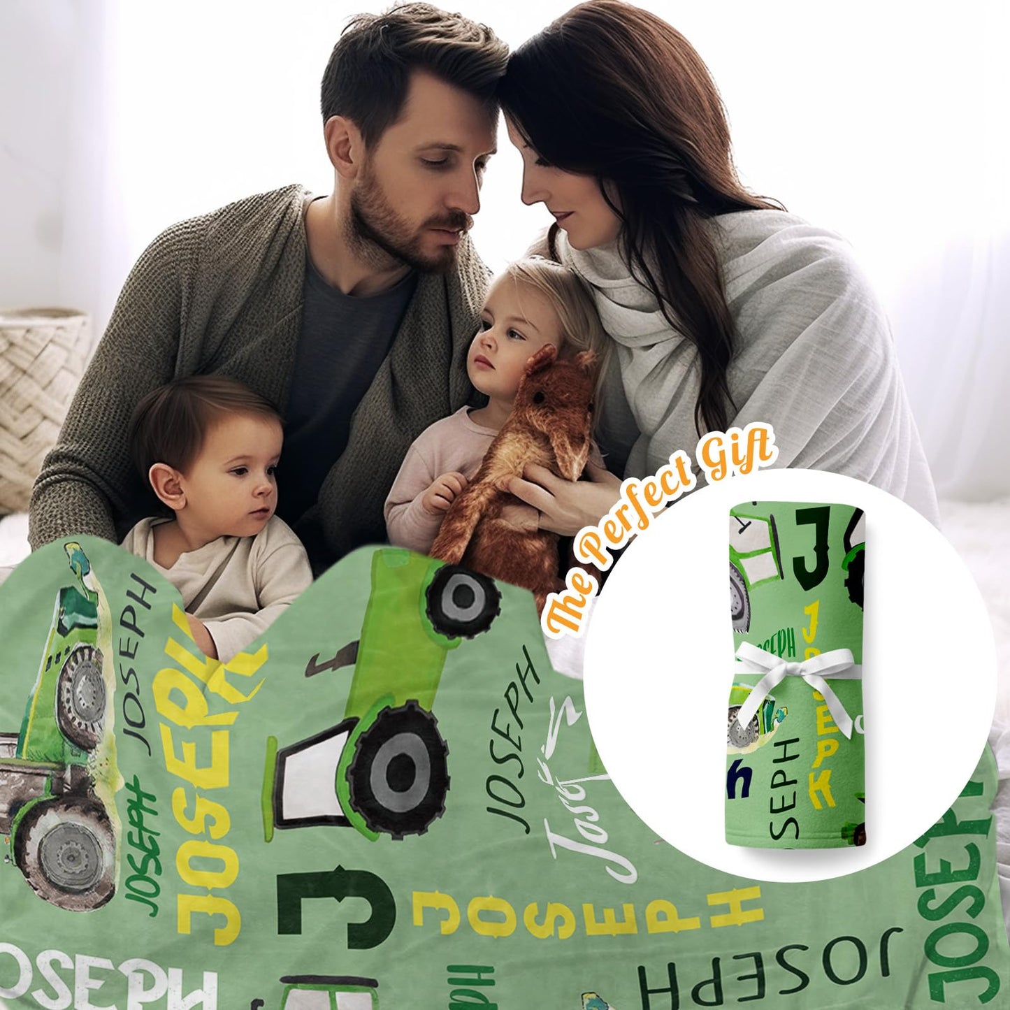 Personalized Tractors Blanket - Custom Name with Farm Tractor Trucks Design - Soft Plush Flannel Bed Blanket for Baby Kid Teen Boys Girls Customized Gifts Lime Green