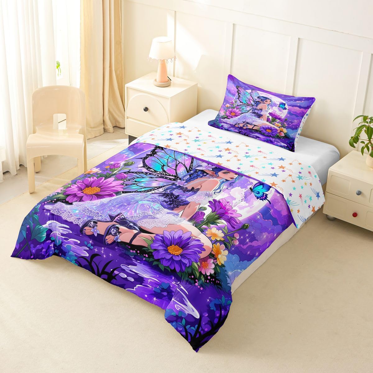 Erosebridal Fairy Girl Bedding Sets Twin - Flower Fairytale Comforter Set for Kids Adults Blue Butterfly Floral Decor Duvet Insert Purple Galaxy Moon Quilt