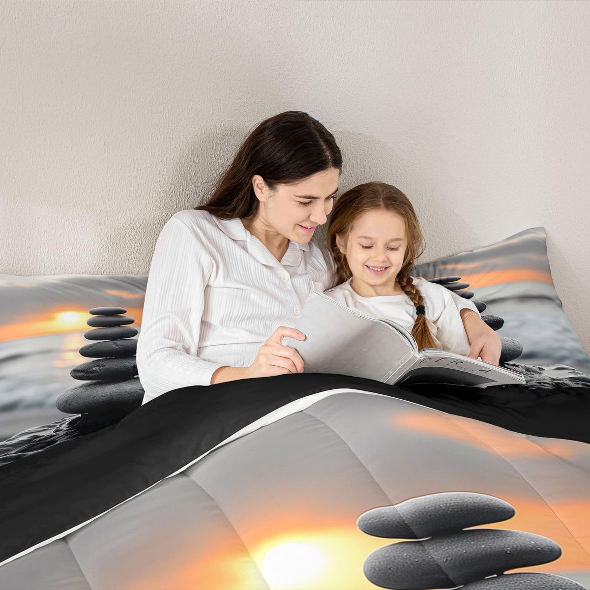 jejeloiu Black Grey Zen Comforter Set All Season Coastal Ocean Beach Bedding Set with 1 Pillow Cases Sunrise Microfiber Kids Toddler Bedclothes Bedroom Decor Duvet Quilt Breathable Soft Lightweight