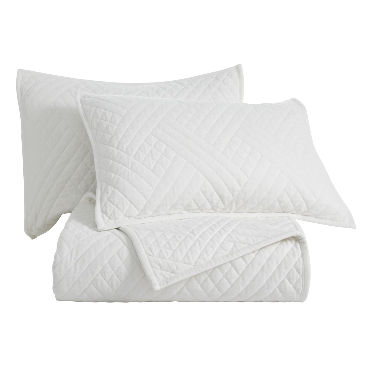 Superior 100% Cotton Velvet 3-Piece Quilt Set, 1 Lightweight Breathable Coverlet, 2 Pillow Shams, Comfy Home Essential Bedding, Cotton Fill, Geometric Aesthetic, Karina Collection, Queen Size, White