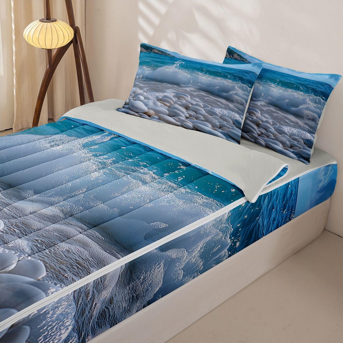 Erosebridal Pebble Zipper Comforter Set Twin Beach Cobble Print Bedding Set 3D Stone Gravel Bed in a Bag Hawaii Beach Zippered Quilt Fitted Sheet,2 Pillowcases