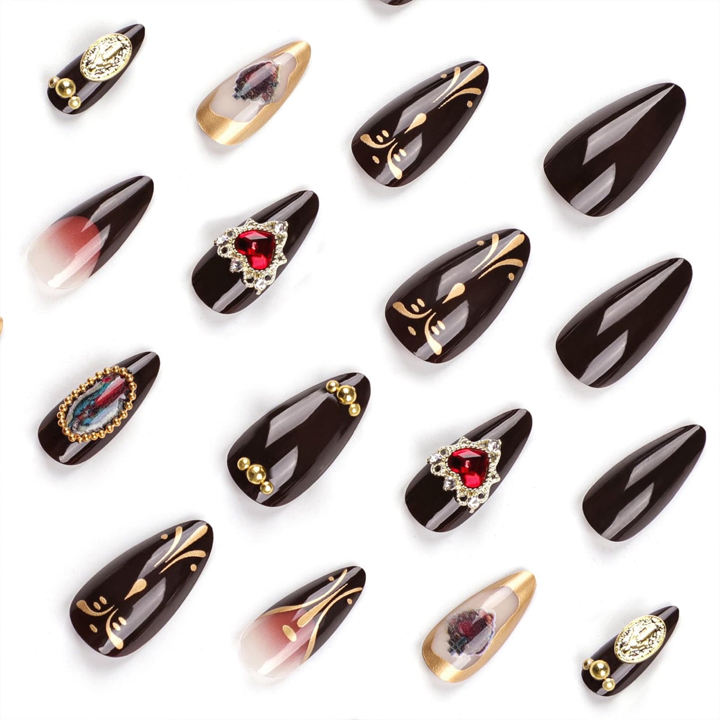 IMSOHOT Almond Press on Nails Medium Brown Fake Nails with Vintage Golden Charms Designs Glossy Glue on Nails Full Cover Gel Acrylic Stiletto Fall False Nails for Women 24Pcs