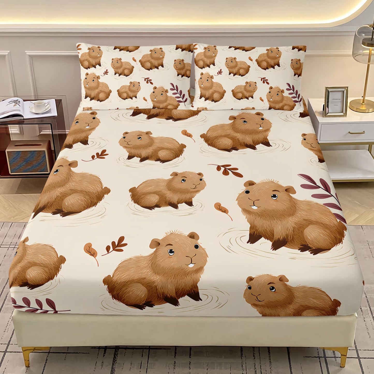 AILONEN Kids Bedding Cute Capybara Bed Sheet Set Twin Size, Cartoon Capybara Brown Bedding Set for Girls Boys Room Decor,Kawaii Animal Soft Fitted Sheet with 2 Pillowcases,3Pcs