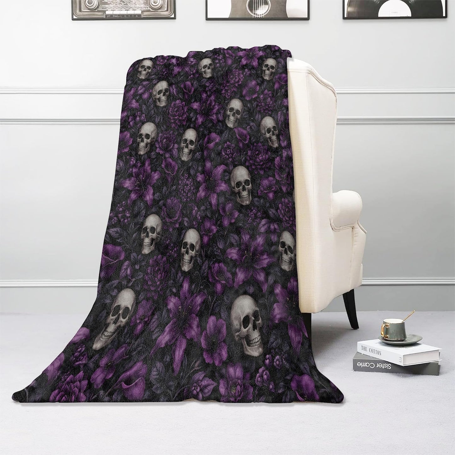 Kibue Gothic Skull Purple Floral Blanket, Soft Dark Flowers Flannel Throw Gifts for Women Teens Adults, Warm Cozy Lightweight Blankets for Travel, Decor, Office 60"×50"