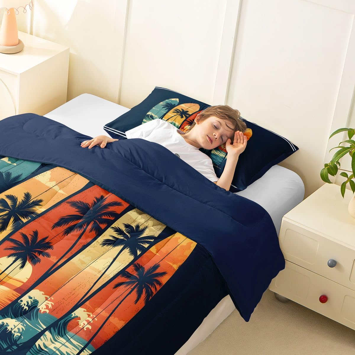 Erosebridal Surfboard Toddler Size Comforter Set Hawaiian Summer Surfing Room Decor Bedding Set Beach Sunset Palm Tree Bedding Comforter Sets,Retro Tropical Beachy Quilt 2 Pcs