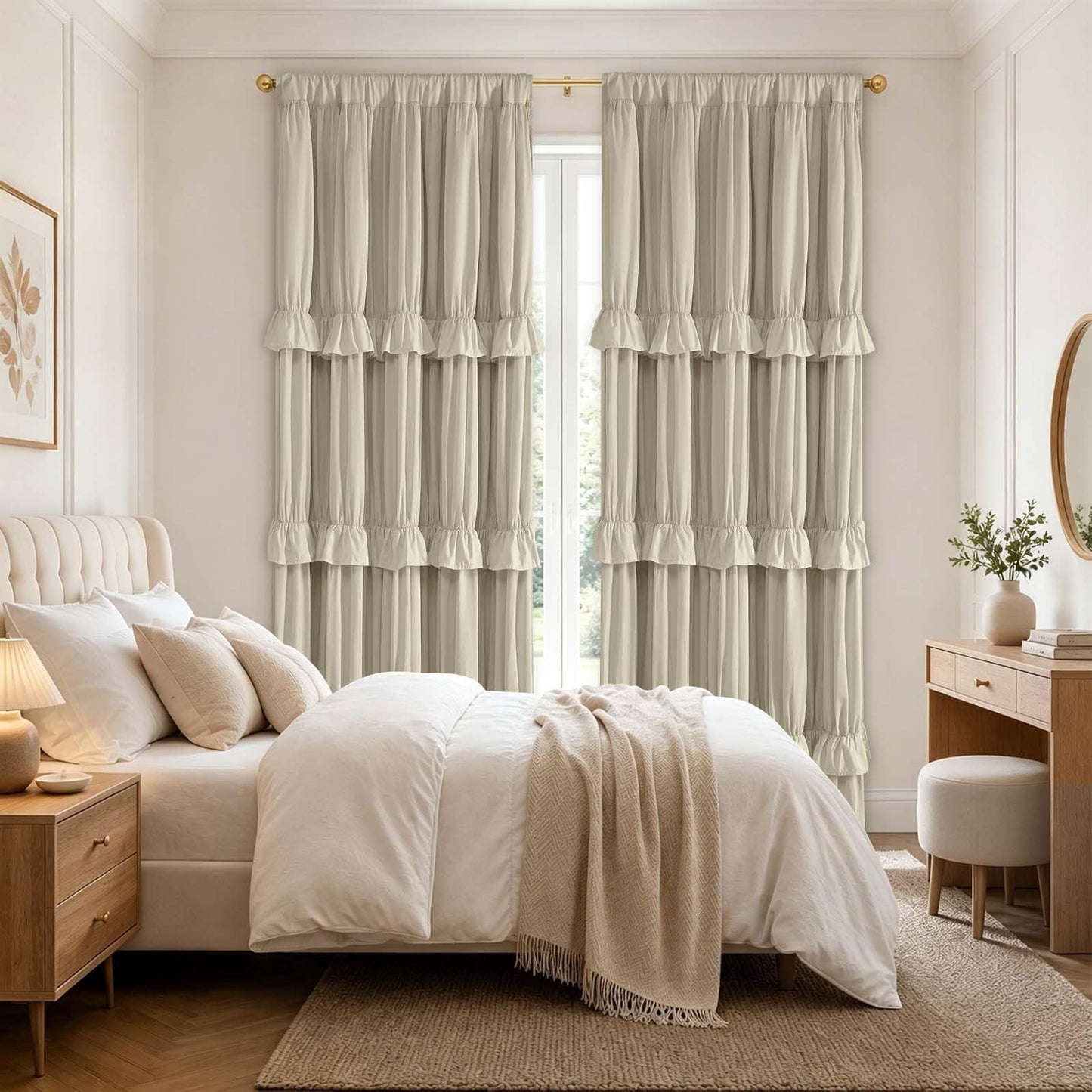 Yinhua Ruffle Curtains for Living Room Farmhouse Blackout Curtains for Bedroom 84 Inch Long with 3 Rows of Ruffles, Room Darkening Window Curtain Rustic Country Rod Pocket Drapes, 2 Panels, Camel