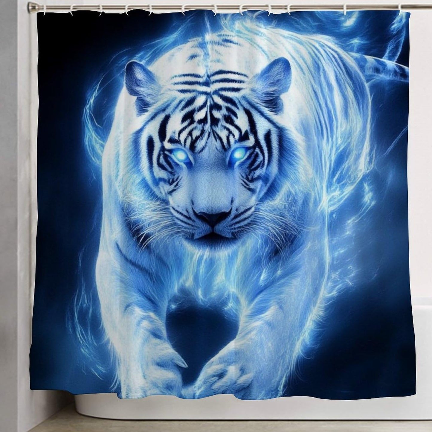 Fashion Hotel Bathroom Decorative Shower Curtain with Hooks, Blue Ice Fire Tiger Art Waterproof Lightweight Shower Curtain