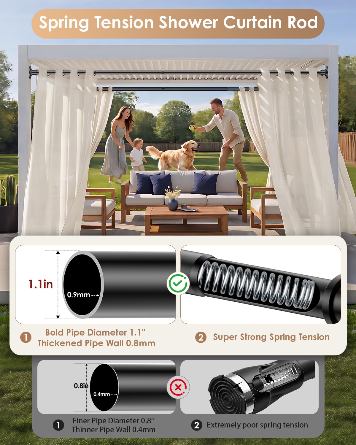 Outdoor Curtain Rod 30-96 in (8ft) No Drilling Adjustable Tension Black Shower Curtain Rod 1.1" Diameter Stainless Steel, Rustproof Heavy Duty, Room Divider for Bathroom Window Patio Closet