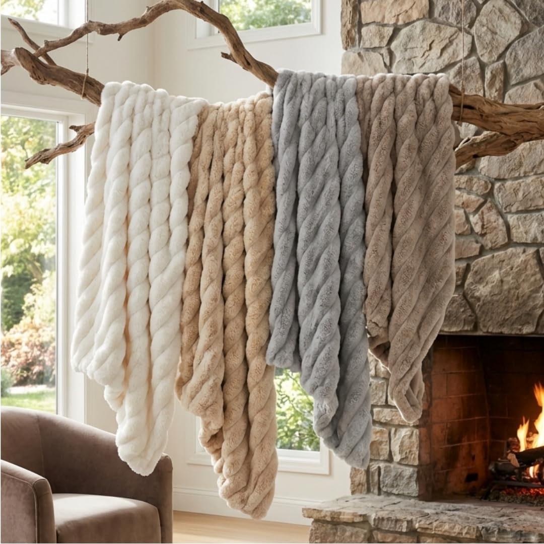 The Nantucket Blanket - LuxeComfort Faux Fur Striped Blanket 60"x70" Pebble Grey - Luxuriously Soft Cozy Warm Gift for Women, Plush Silky Fuzzy Heavyweight Reversible Design Home Decor