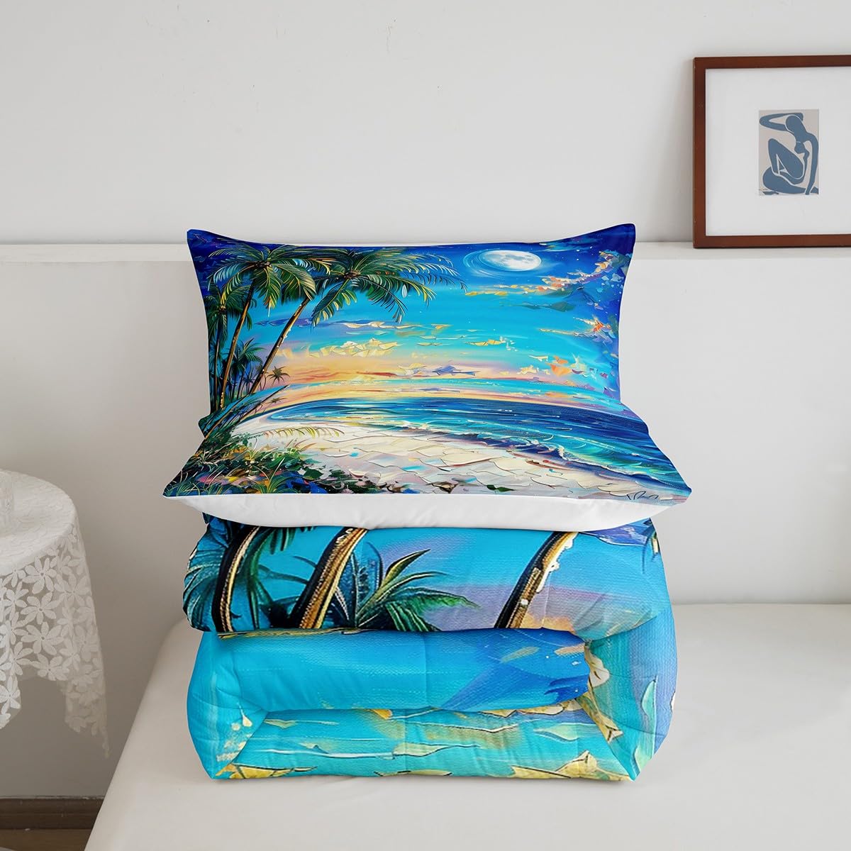 Castle Fairy Seaside Hawaii Comforter Queen,Tropical Coconut Tree Watercolor Oil Painting Quilt Comforter with 2 Pillowcases,Sea Ocean Beach Coastal Bedding Set Comfortable,Soft and Breathable