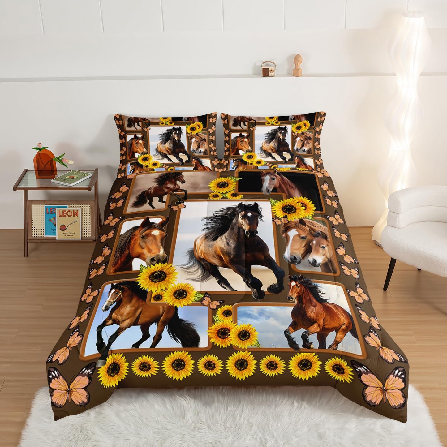 HOSIMA Horse Twin Size Comforter Sets,Kids Adult Girls Bedroom Modern Decor Brown Horse and Sunflower Bedding Sets,3D Print Wild Animals Pattern Western Bedding Set Theme with 2 Pillow Shams.