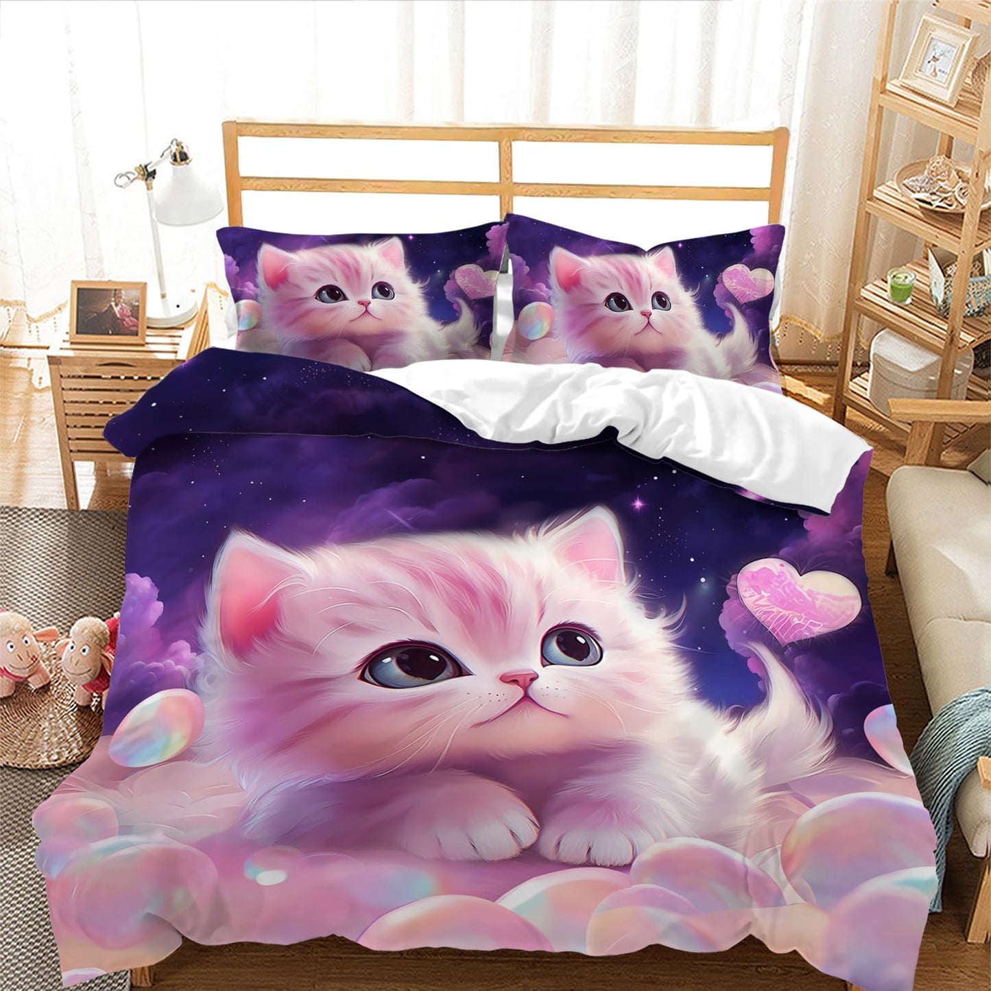 AILONEN Girls Cat Duvet Cover Set Full Size, 3 Pieces Kids Bedding Cartoon Comforter Cover Set, Purple Fantasy Pet Bedding Set for Kids Girls, Sky Clouds Quilt Cover and 2 Pillowcases