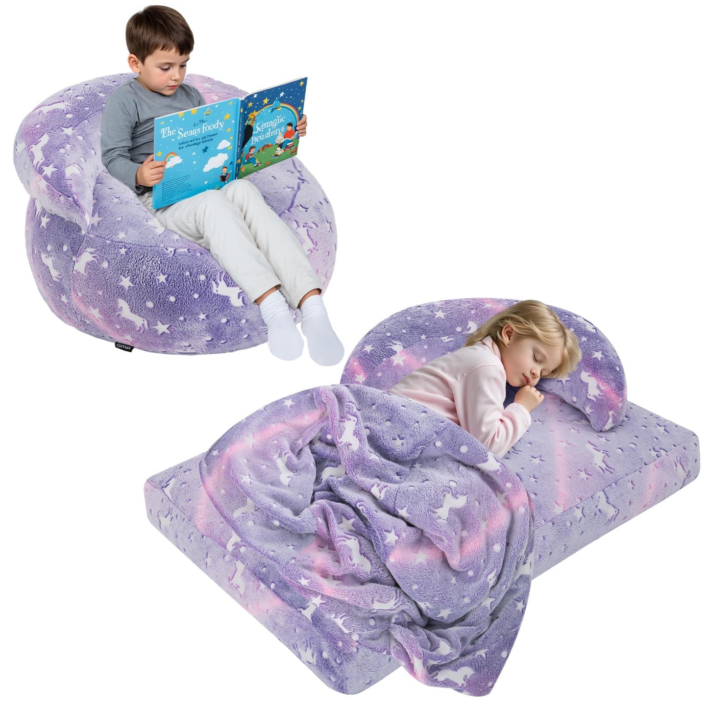 COMAX Bean Bag Chair for Kids, Dinosaur Convertible Toddler Beanbag Bed, Children Bean Chair Stuffed to Floor Mattress with Filler, Purple Unicorn
