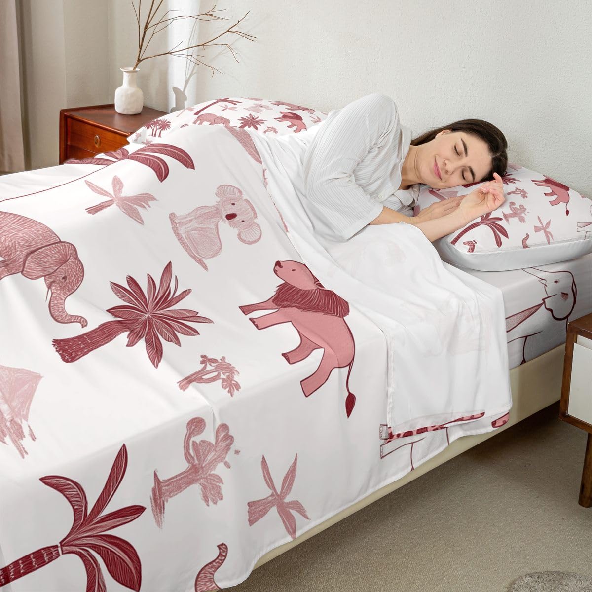 Erosebridal Jungle Animals Sheet Set Full Red Pink Bed Sheets for Kids Boys Girls African Safari Animal Flat Fitted Sheet Elephant Lion Giraffe Animal Sheets 3 Pcs