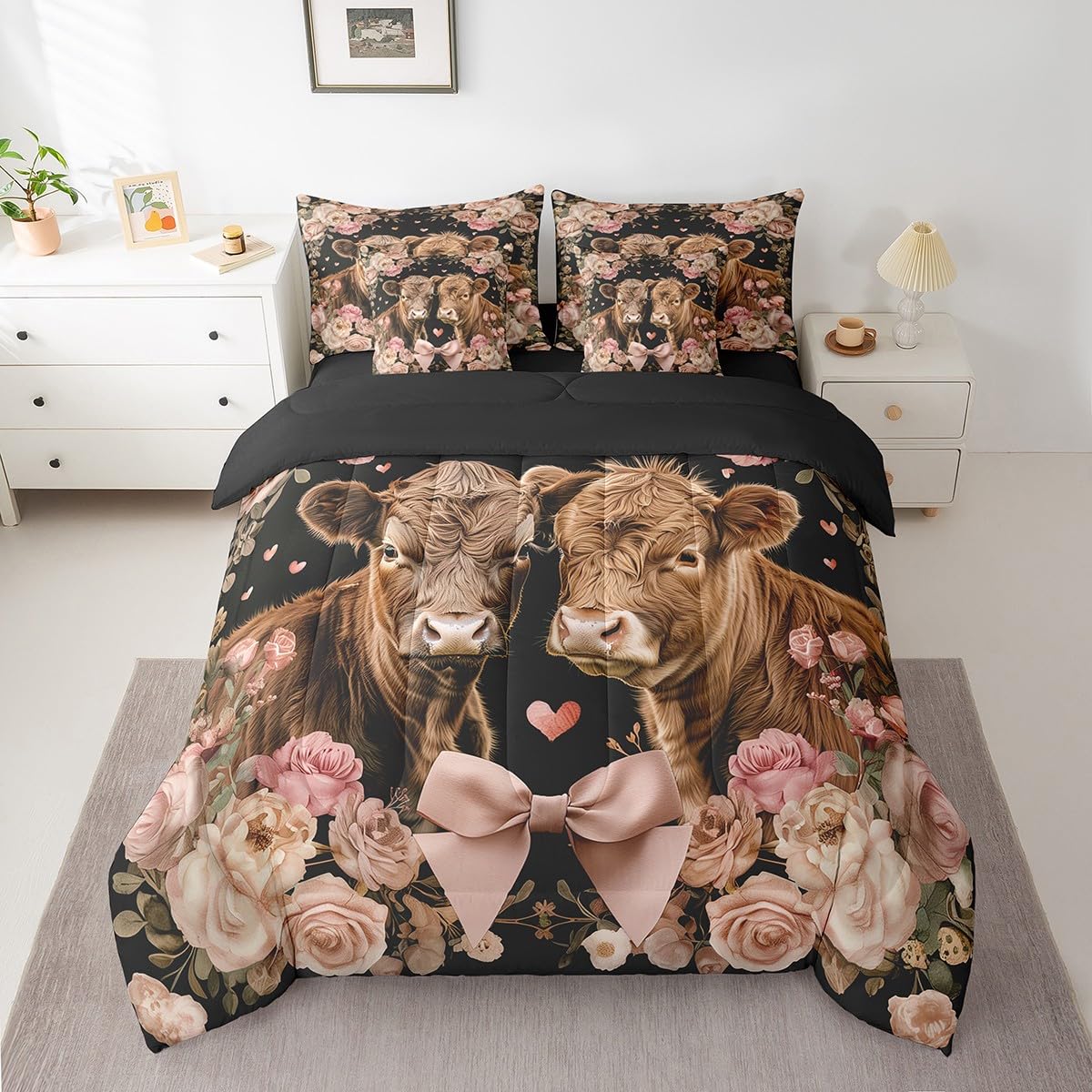 Erosebridal Highland Cow Bedding Set Romantic Roses Valentine's Day Queen Comforter Set 7 Piece for Men Women,Farm Animal Couple Bed in A Bag Pink Flowers Bow Bed Set Room Decor