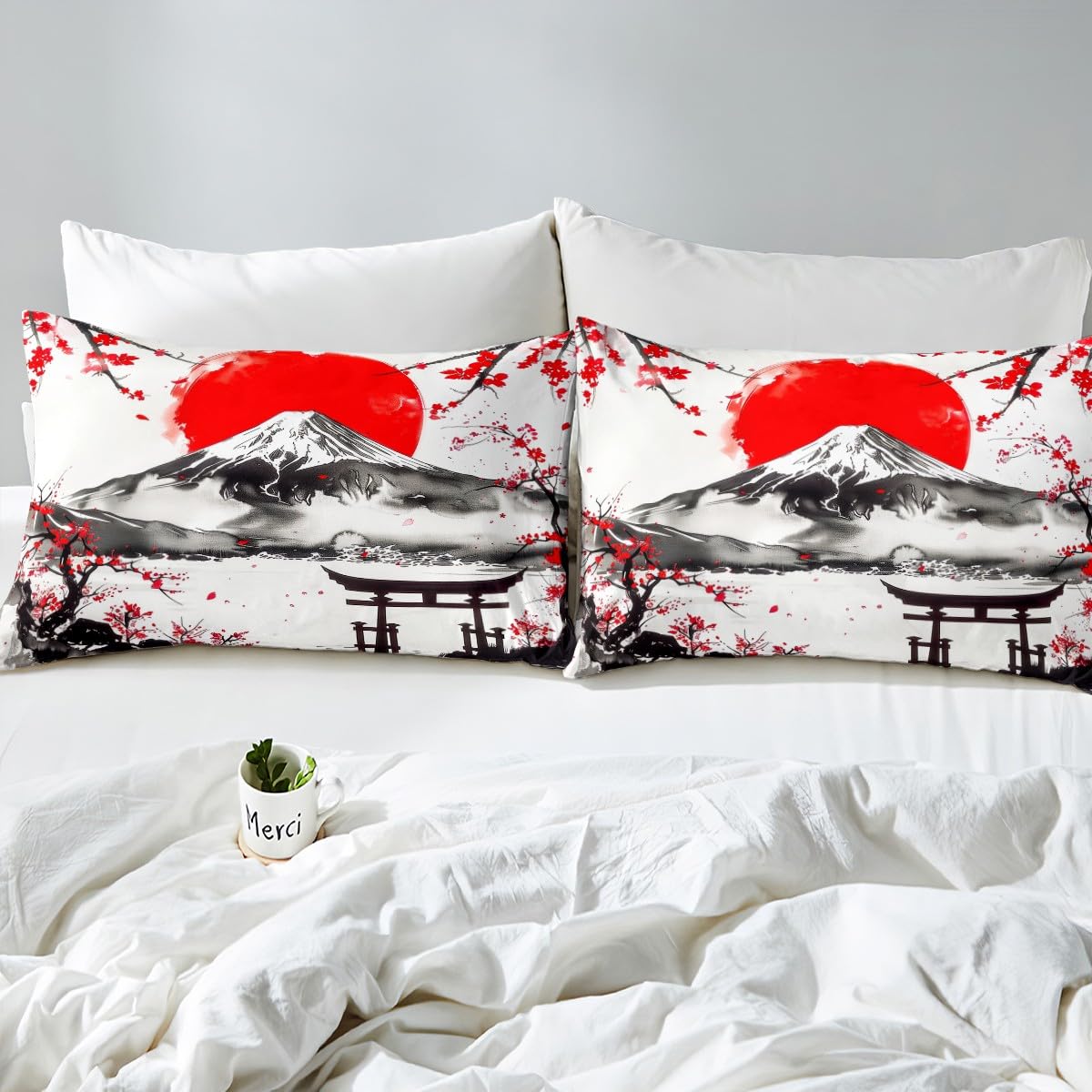 Feelyou Japanese Theme Bedding Sheets Full Fujiyama Bed Sheet Set for Adult Kids Cherry Blossom Fitted Sheet Natural Landscape Bed Cover 3Pcs,1 Fitted Sheet+2 Pillow Sham（No Flat Sheet）