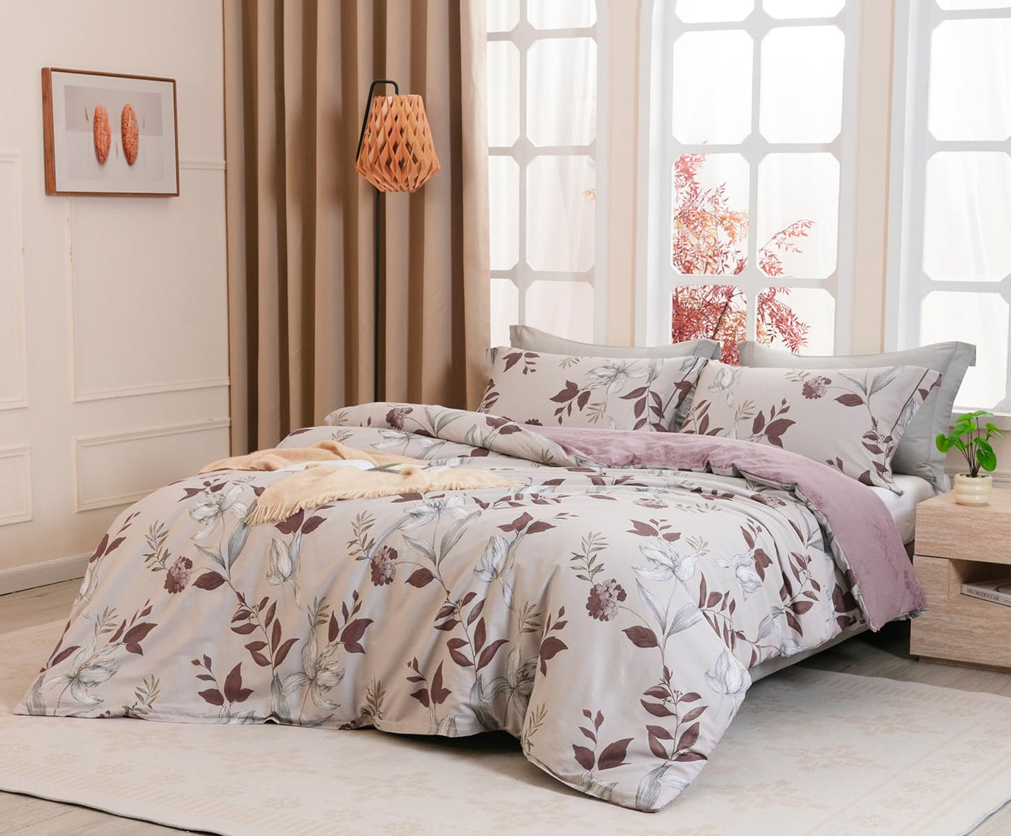 SLEEPBELLA Comforter Queen Size, 600 Thread Count Cotton Burgundy Botanical with Grey Floral Pattern Pink Reversible Comforter Set,Down Alternative Bedding Set 3Pcs(Queen, Burgundy Botanical)