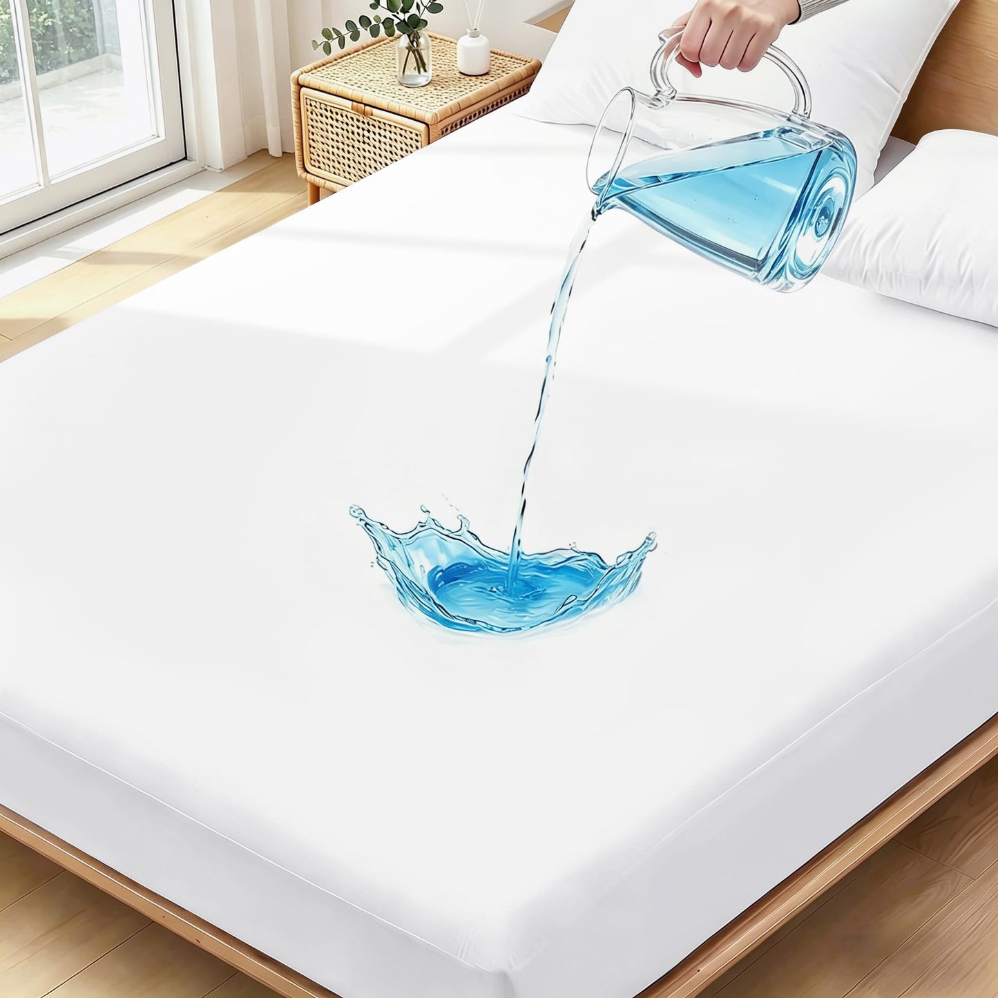 King Size Mattress Protector Waterproof- Washable Mattress Cover Fitted Bed Pad Noiseless Plastic Protection Up to 18” Mattress Protector Soft&Breathable（White）