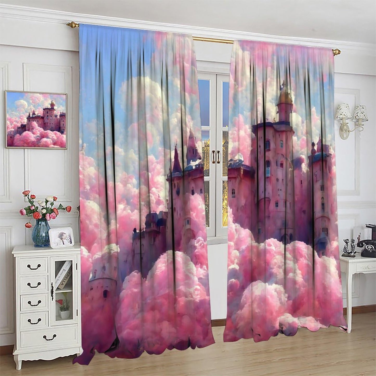 Pink Castle Curtains For Girls Colorful Cartoon Dream Magic Fairy Tale Word Castle Pattern Rod pocket Window Treatments for kids room Nursery Living Room 2 Panels Set 41x 45 in （No Blackout）