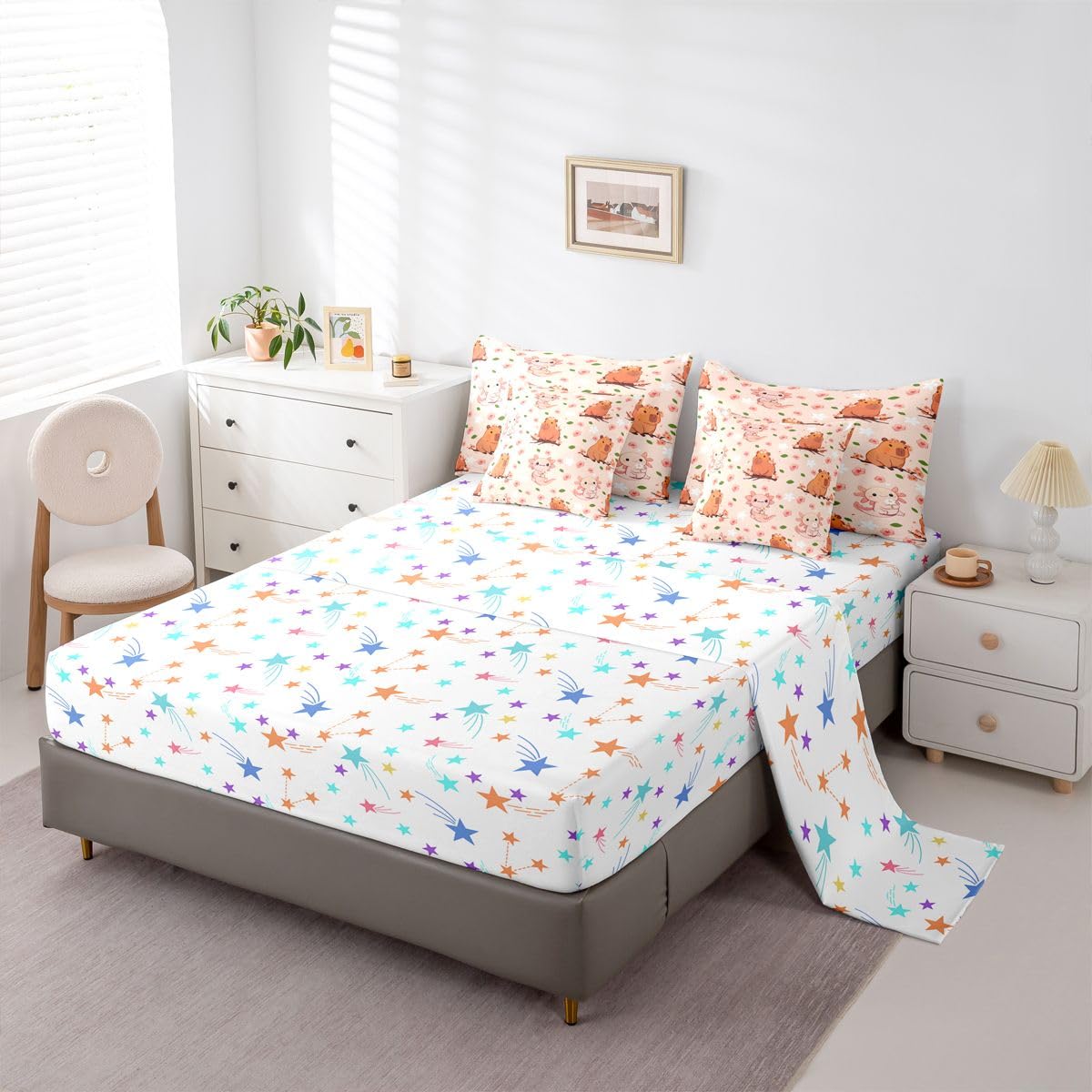 Erosebridal Cute Axolotl Queen Bedding Set Kids Cartoon Capybara Comforter Set for Boys Girls Teens Dreamy Pink Cherry Blossom 7-Piece Bed in a Bag Princess Cute Capybara Axolotl Quilt Sets