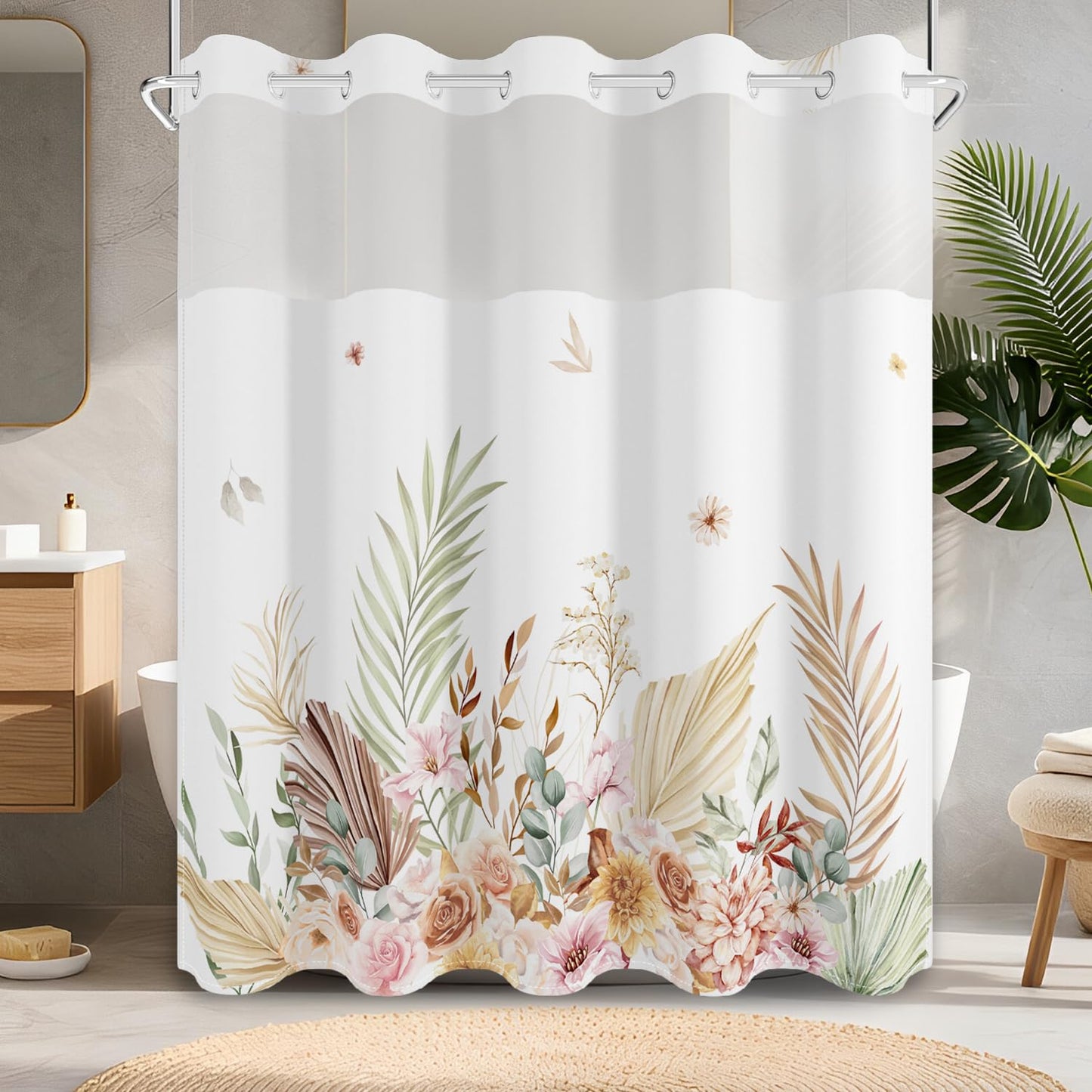 No Hook Shower Curtain with Snap in Fabric Liner Set, Waterproof & Washable,Tan Boho Watercolor Leaf Plant Floral Shower Curtains for Bathroom, Hotel Farmhouse Bathroom Curtain, House Gift, 71x74 Inch