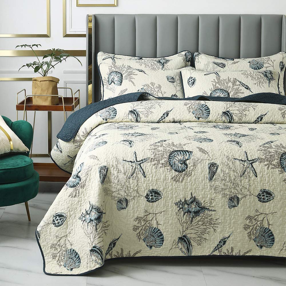 Brandream Queen Size Blue Ocean Quilted Comforter Set Nautical Bedding Set 100% Cotton Bedspread Coverlet Set 3-Piece