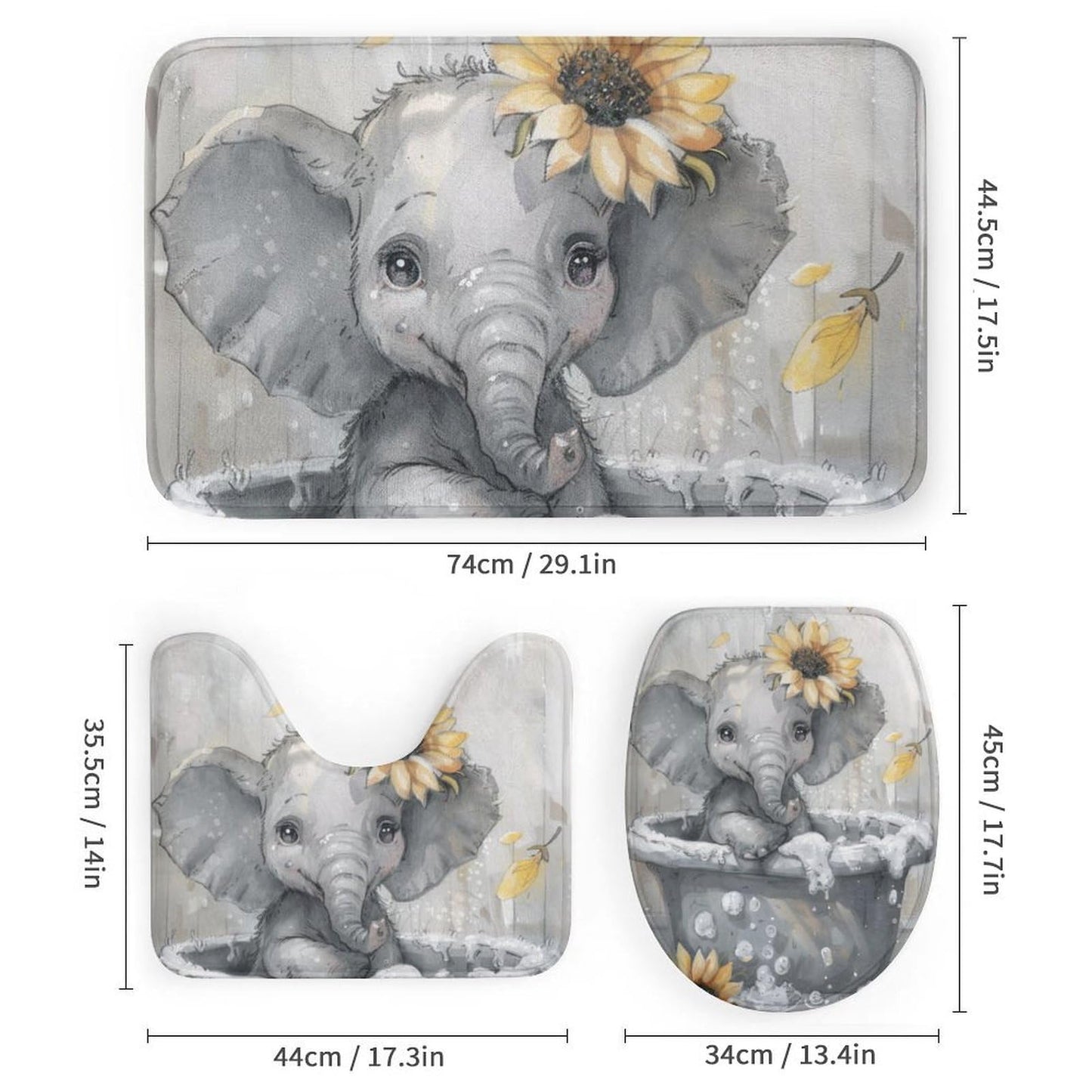 FOCCAFB 4 Piece Vintage Abstract Elephant Shower Curtain Set with Rugs, Bathtub Animal Sunflower Floral Include Bathroom Non-Slip Floor Mat, U-Shaped Bath Rug and Toilet Cover Lid with 12 Hooks