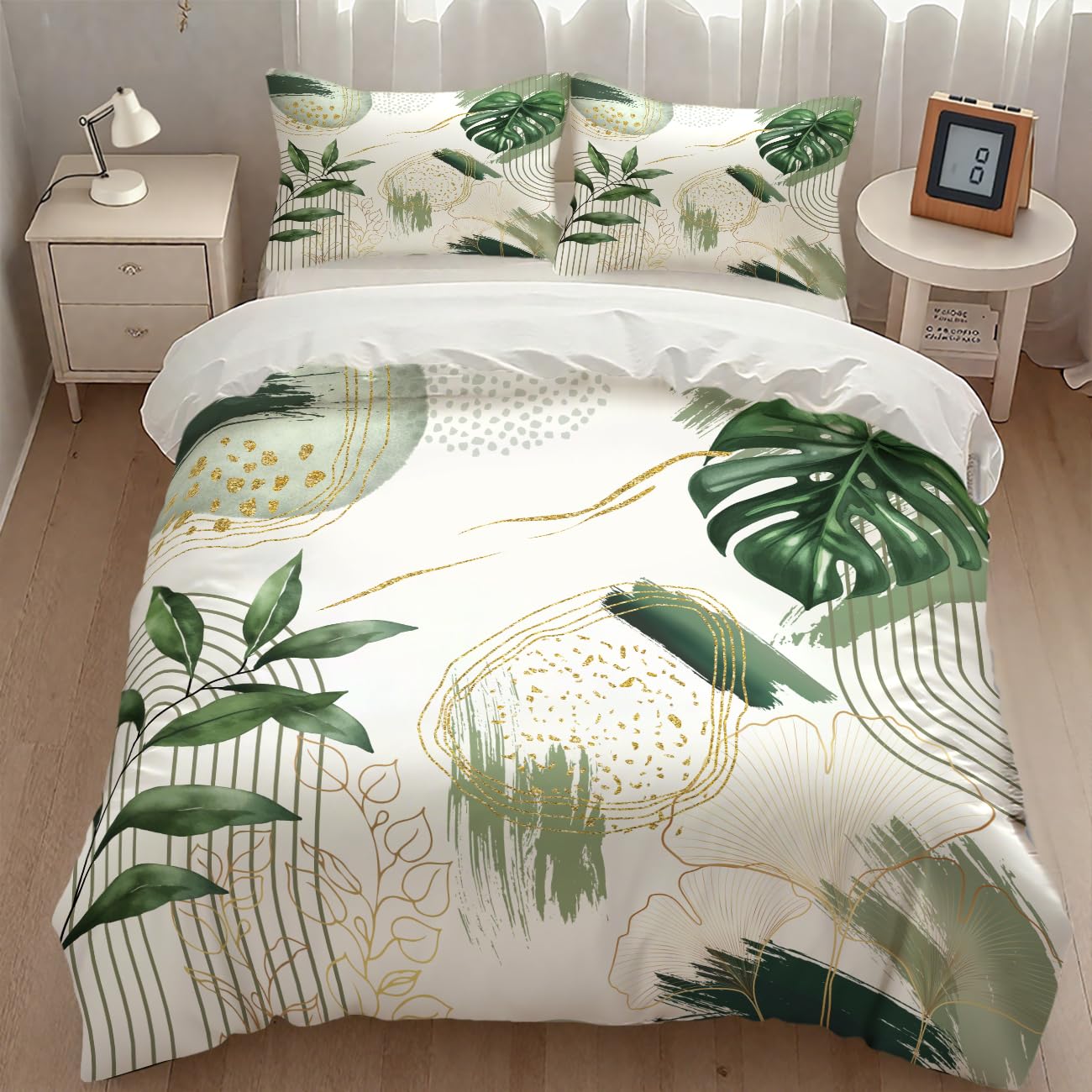 Lnepty Boho Leaf Bedding Set,Mid Century Palm Tropical Leaf Abstract Geometric Modern Minimalism Green Comforter Set with Pillowcase for Bedroom Bed Decor，Twin 86"x70"