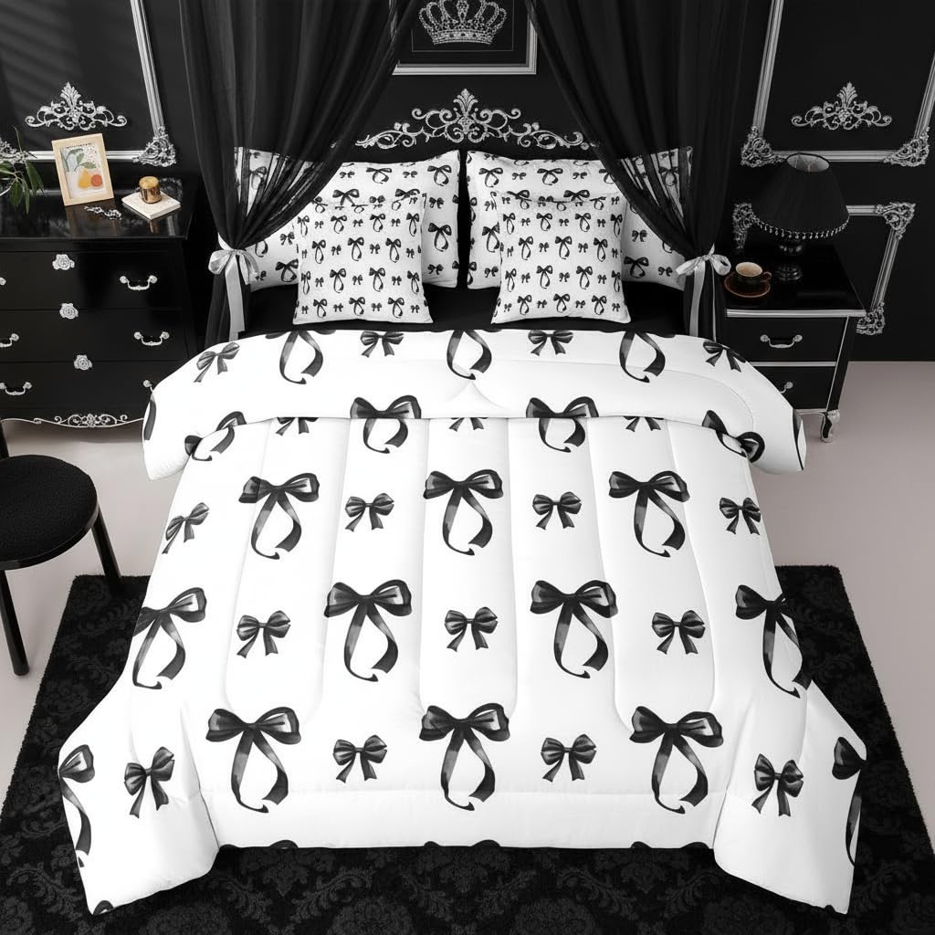 Erosebridal Bow 7 Pcs Bedding Set Full Black Bow Tie Comforter Set with Sheets Bowknot Bed in A Bag Black White Simple Decor Bedroom Decor