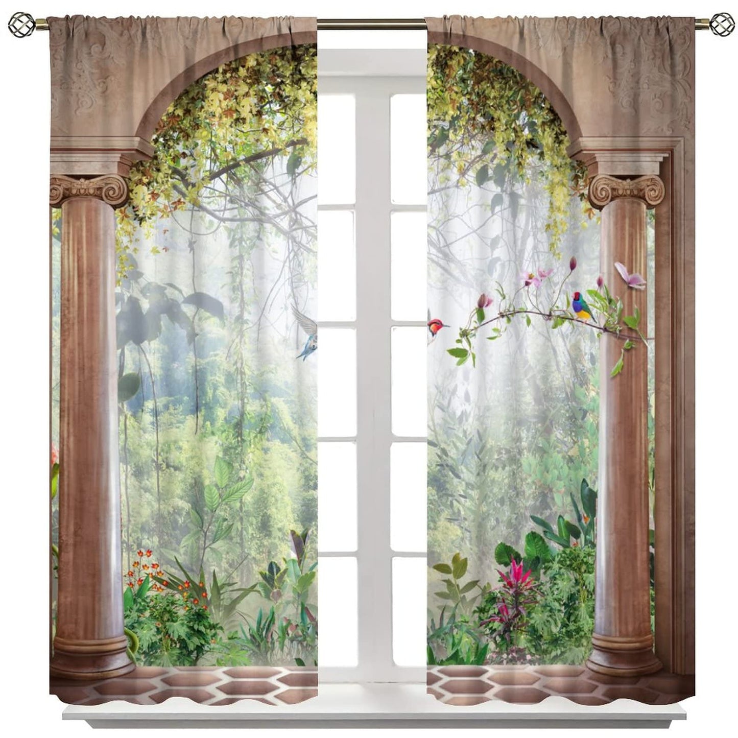 Italian Curtains,Tropical Scenery Plant Birls Arch View Room Darkening Door Window Rod Pocket Curtain for Living Room Bedroom Kitchen Bathroom W42xL45in