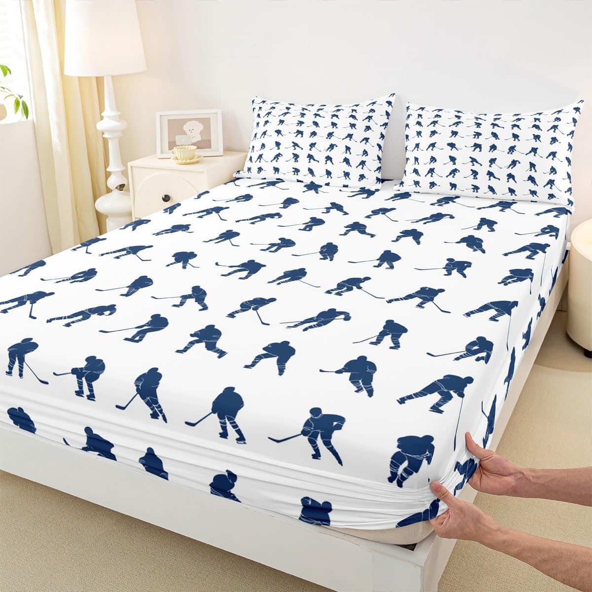 Erosebridal Ice Hockey Sheet Set Full Hockey Player Bed Sheets for Kids Boys Girls Teens Juvenile Sports Game Fitted Sheet Ball Competitive Games Bed Cover Winter Sports Bedroom Decor