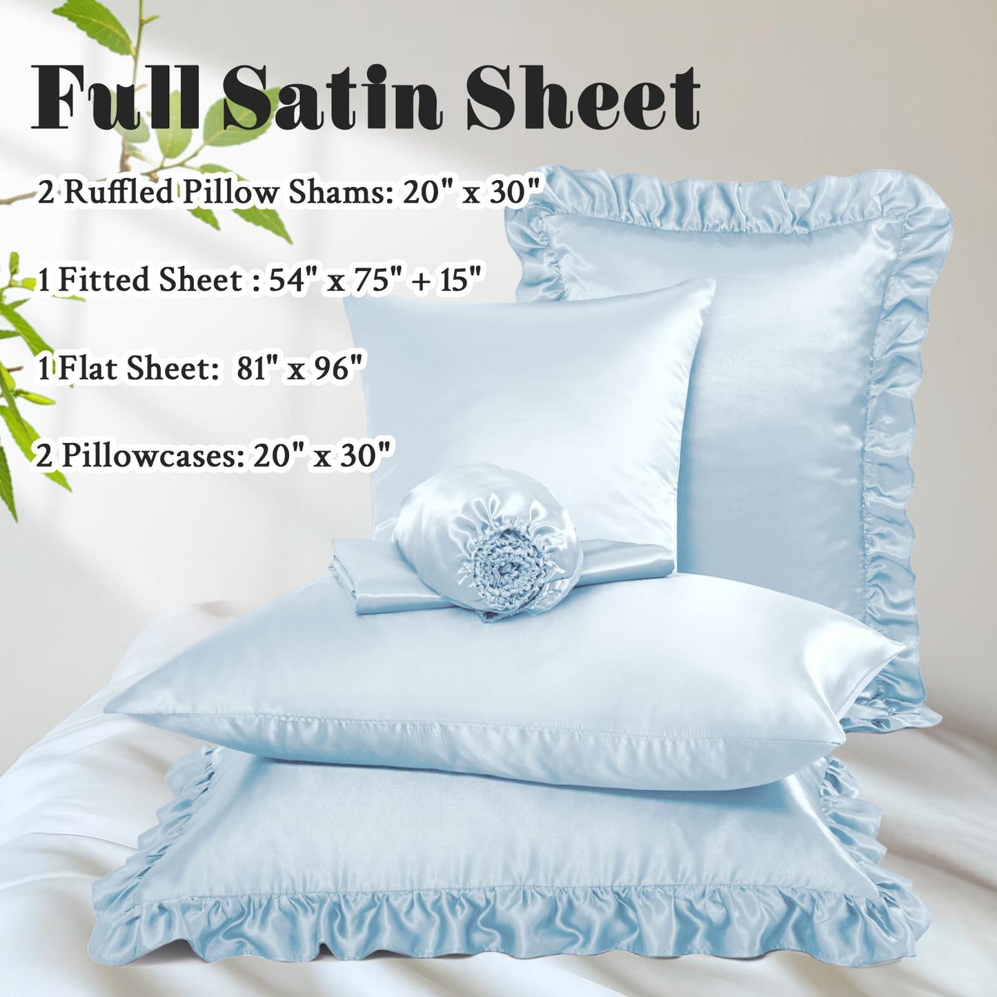 Homiest Ruffled Satin Sheets Full Size 6pc Set - Light Blue Bed Sheet Set with 15 Inch Deep Pocket Fitted Sheet, 1 Flat Sheet, 2 Ruffled Pillow Shams & 2 Pillowcases, Similar to Silk Sheets