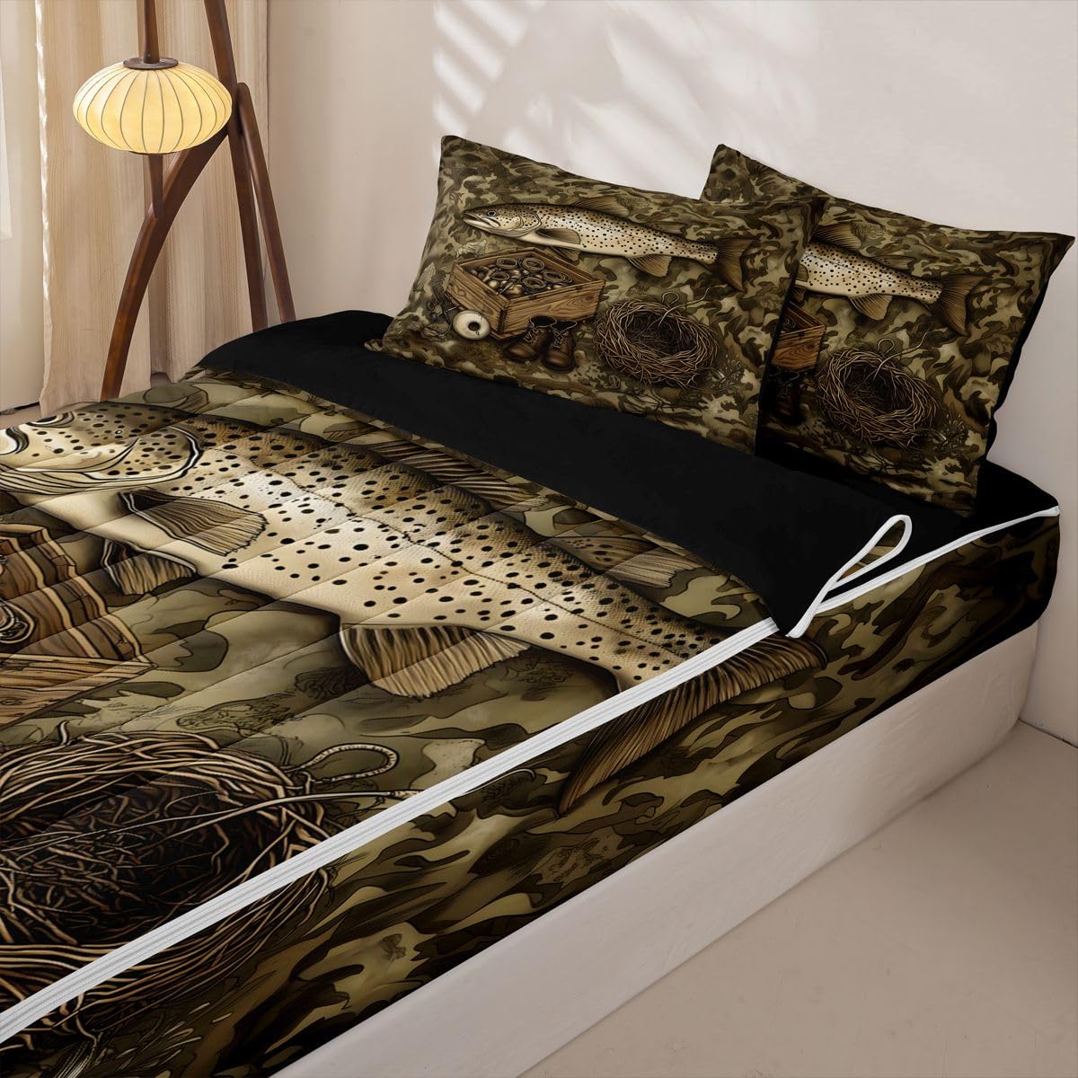 jejeloiu Hunting Fishing Zipper Bedding Cabin Lodge Comforter Set for Kids Boys Girls Twin Size Camo Camouflage Zippered Kids Bedding Set Ultra Soft Wildlife Bed in a Bag