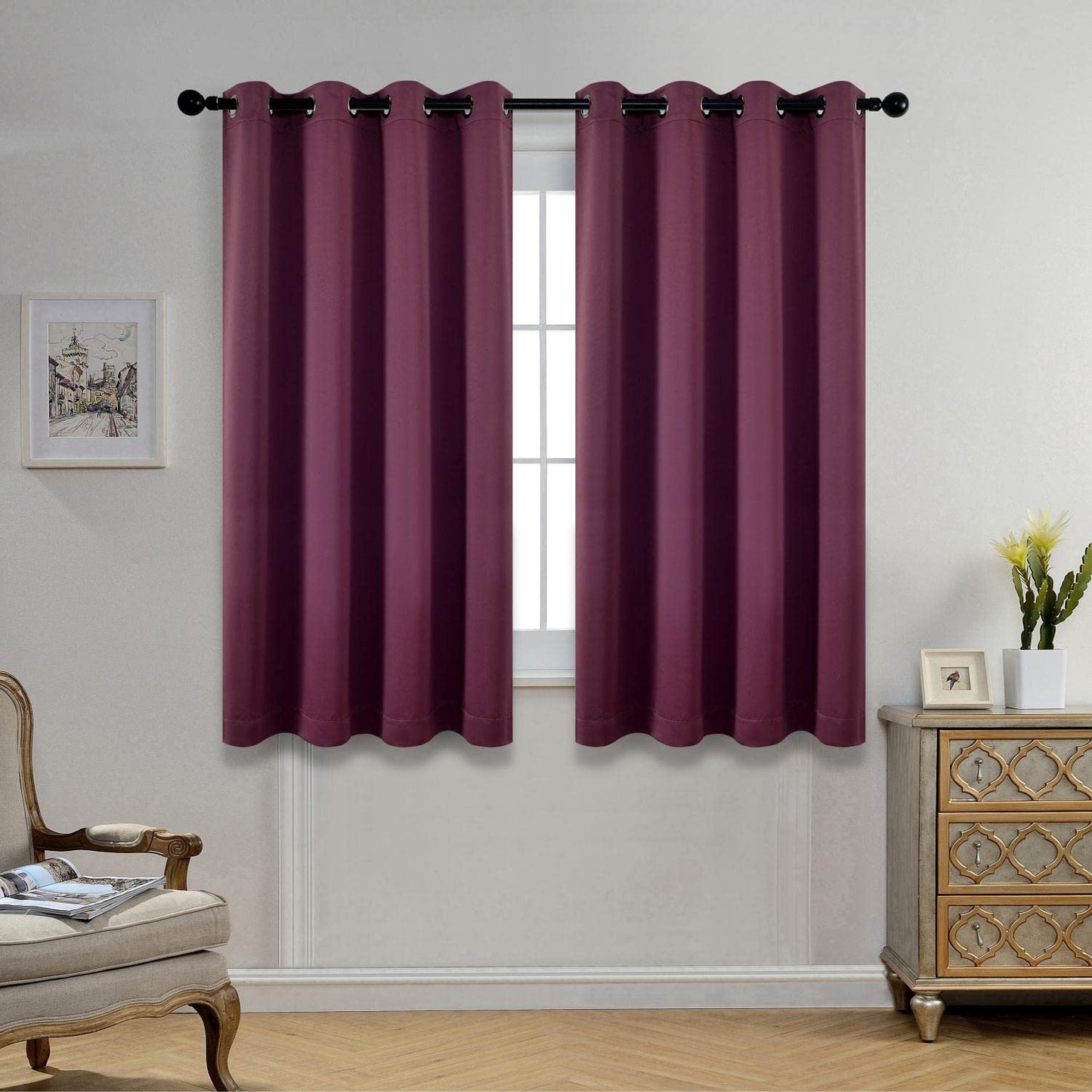MIUCO Room Darkening Grommet Blackout Curtains for Livingroom Curtains Panels Set of 2 52x63 Inch Aubergine, Bonus 2 Tie Backs Included
